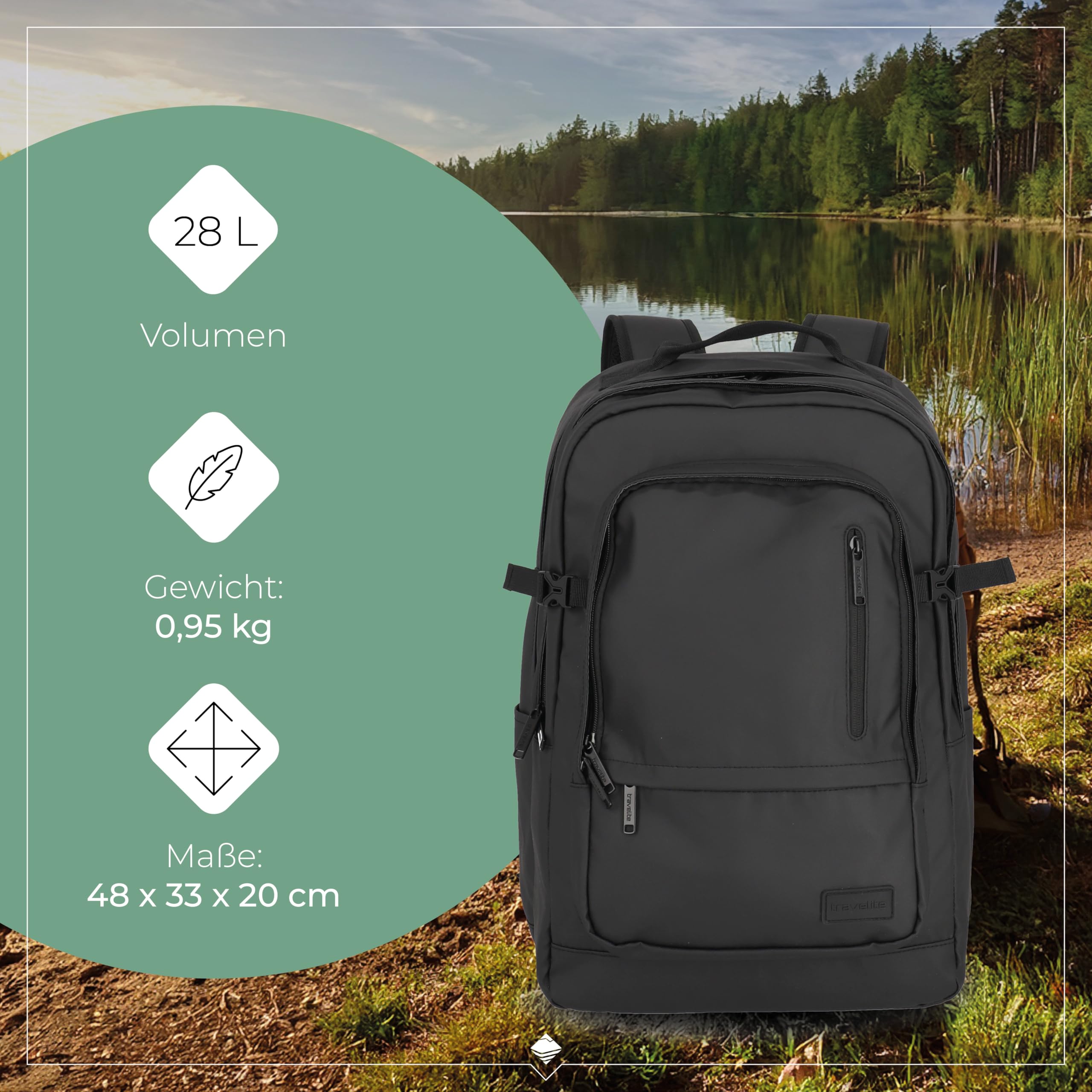 Travelite Rucksack aus wasserabweisendem Material, gepolstertes Laptop Fach 15,6 Zoll, BASICS Tagesrucksack mit Aufsteckfunktion, 48 cm, 28 Liter, 900 Gramm