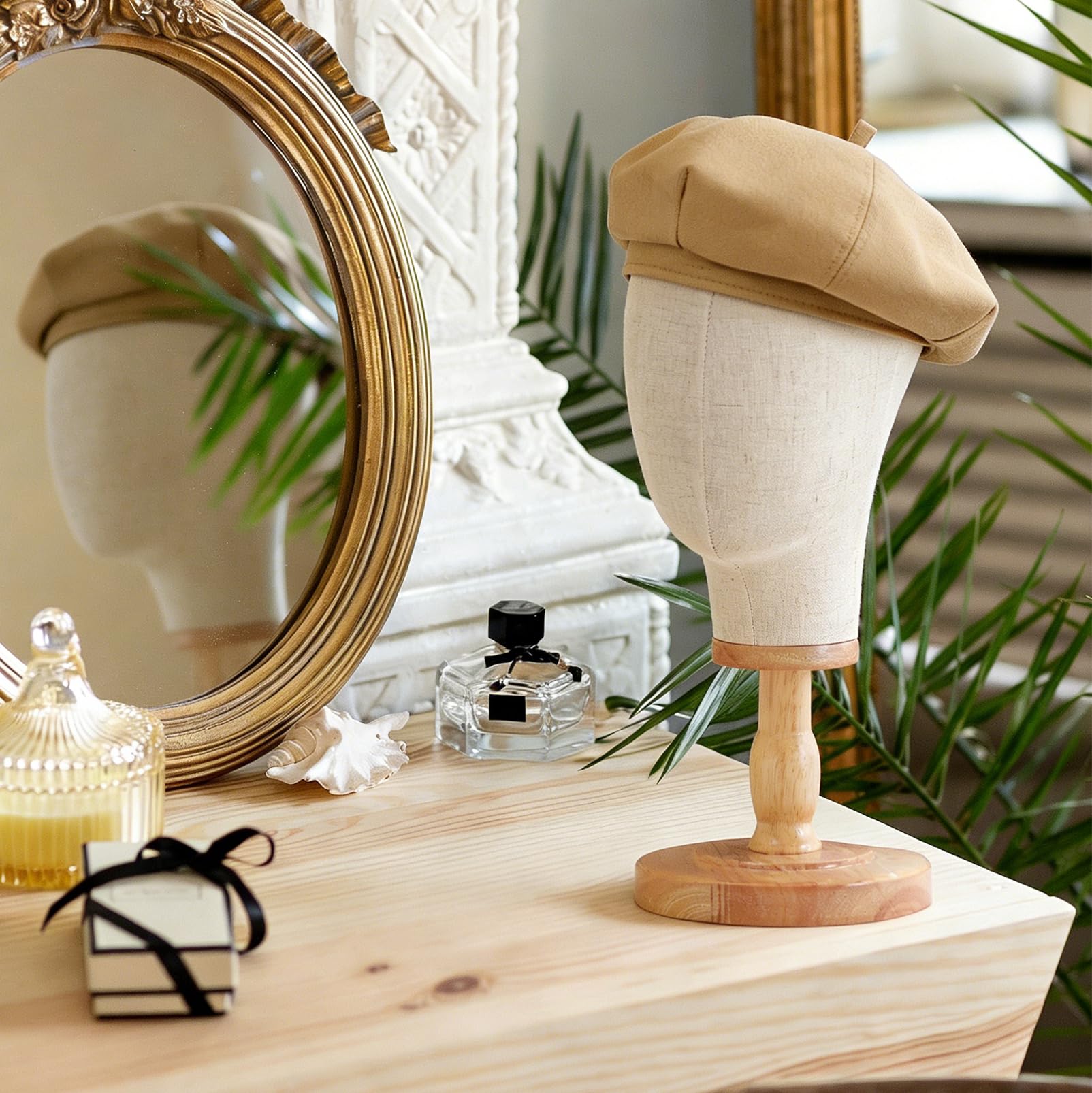LIROPAU Standfester Perückenkopf 21"/54 cm, Mannequin Kopf aus Canvas mit Holzsockel, stabiler Perückenständer für Perücken, Hüte, Mützen, Kopfbedeckungen, Wig Stand für Präsentation, Salon, Zuhause