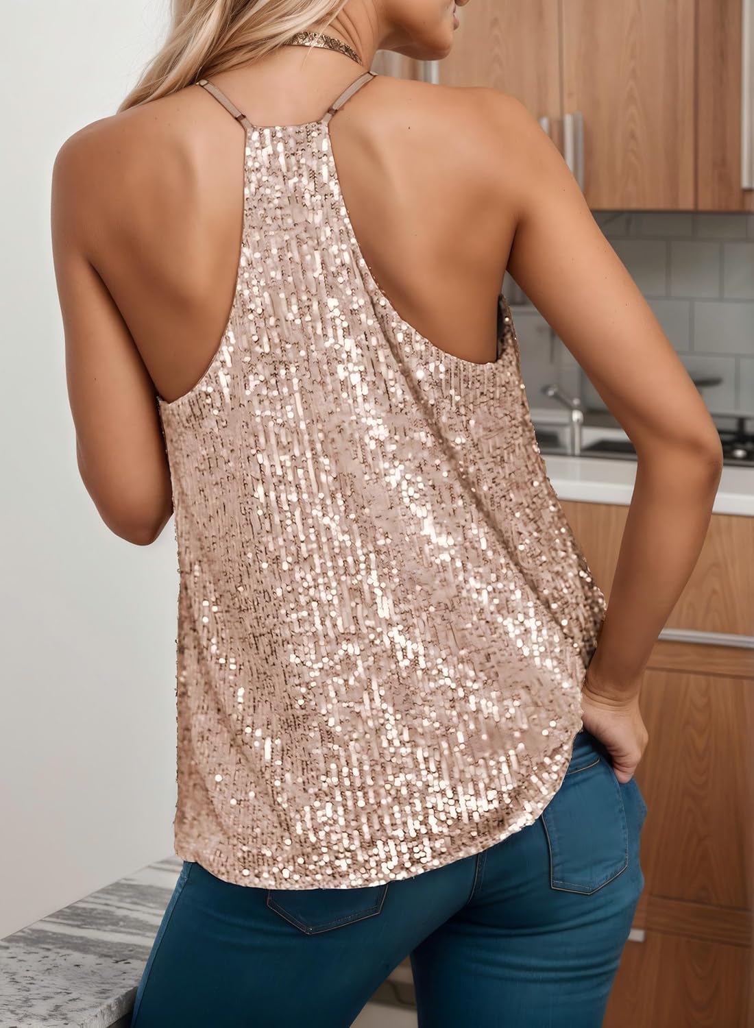 Womens Sequin Sleeveless Sparkly Tank Tops V Neck Strappy Shimmer Cami Top Sparkle Shirt - Image 2