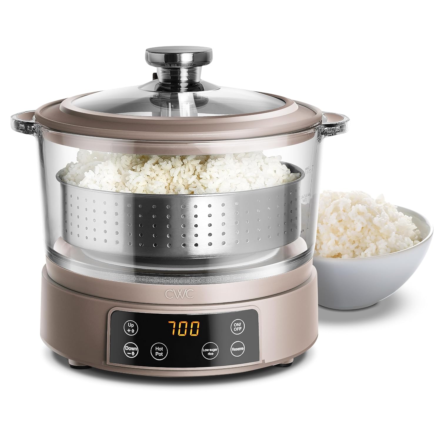 COOK WITH COLOR 3L Glass Low Carb Rice Cooker - Makes 6 Cups Cooked Low Sugar Rice with Auto Lift Filter Basket, Hotpot & Steamer for Rice, Grains and Oats, Digital Panel with Keep Warm, Greige Goat/Mink