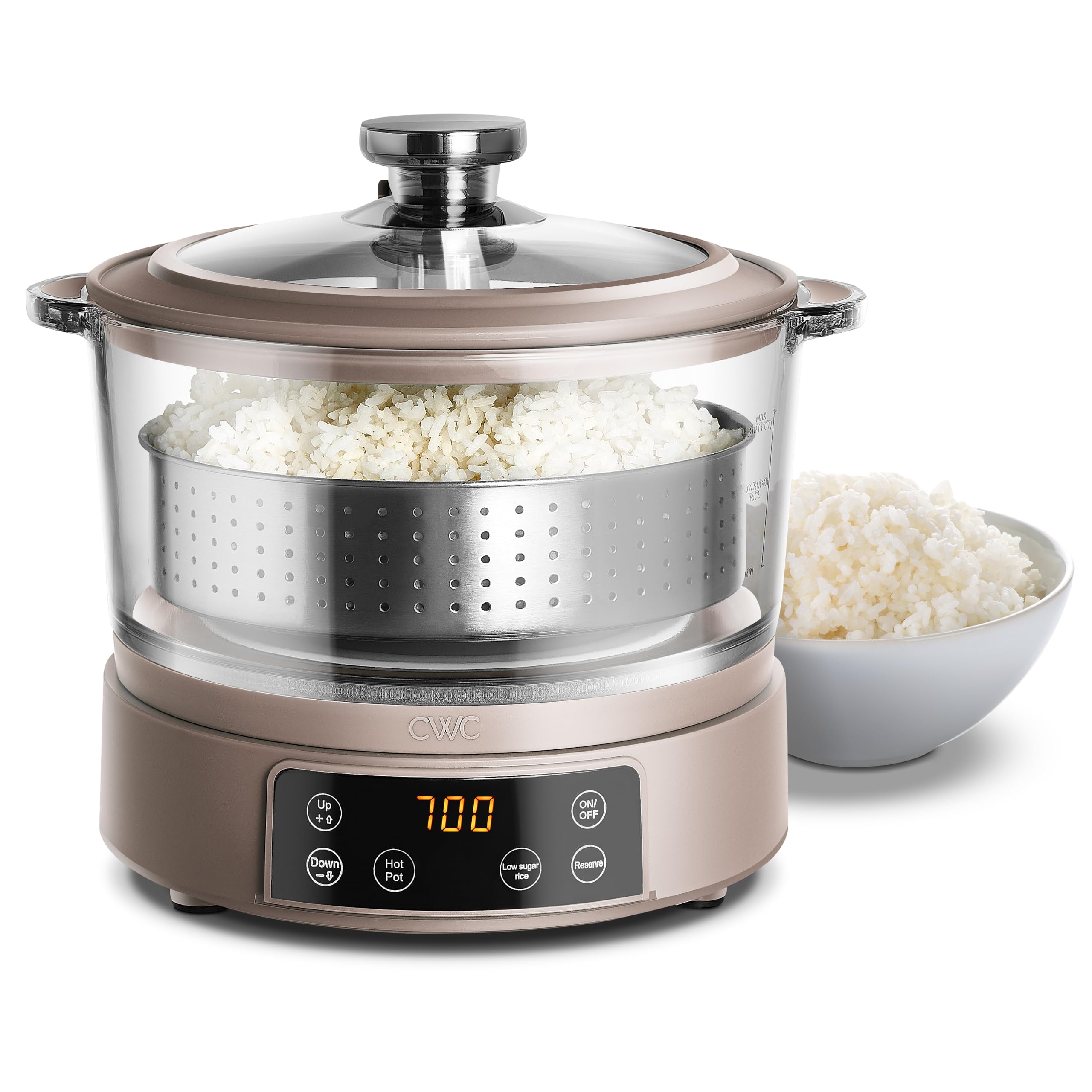 COOK WITH COLOR 3L Glass Low Carb Rice Cooker - Makes 6 Cups Cooked Low Sugar Rice with Auto Lift Filter Basket, Hotpot & Steamer for Rice, Grains and Oats, Digital Panel with Keep Warm, Greige