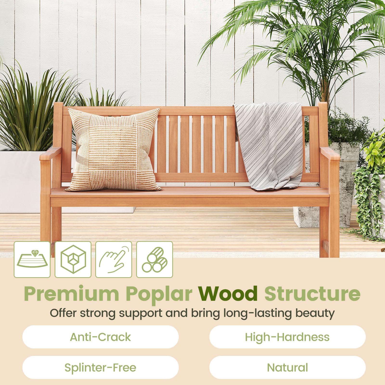 FANTASK 3-Sitzer Gartenbank, Sitzbank Holz mit Ergonomisch gestaltete Rückenlehne & Armlehnen, Holzbank, Terrassenbank Parkbank für Garten, Balkon, Terrasse (150 x 53,5 x 89 cm)