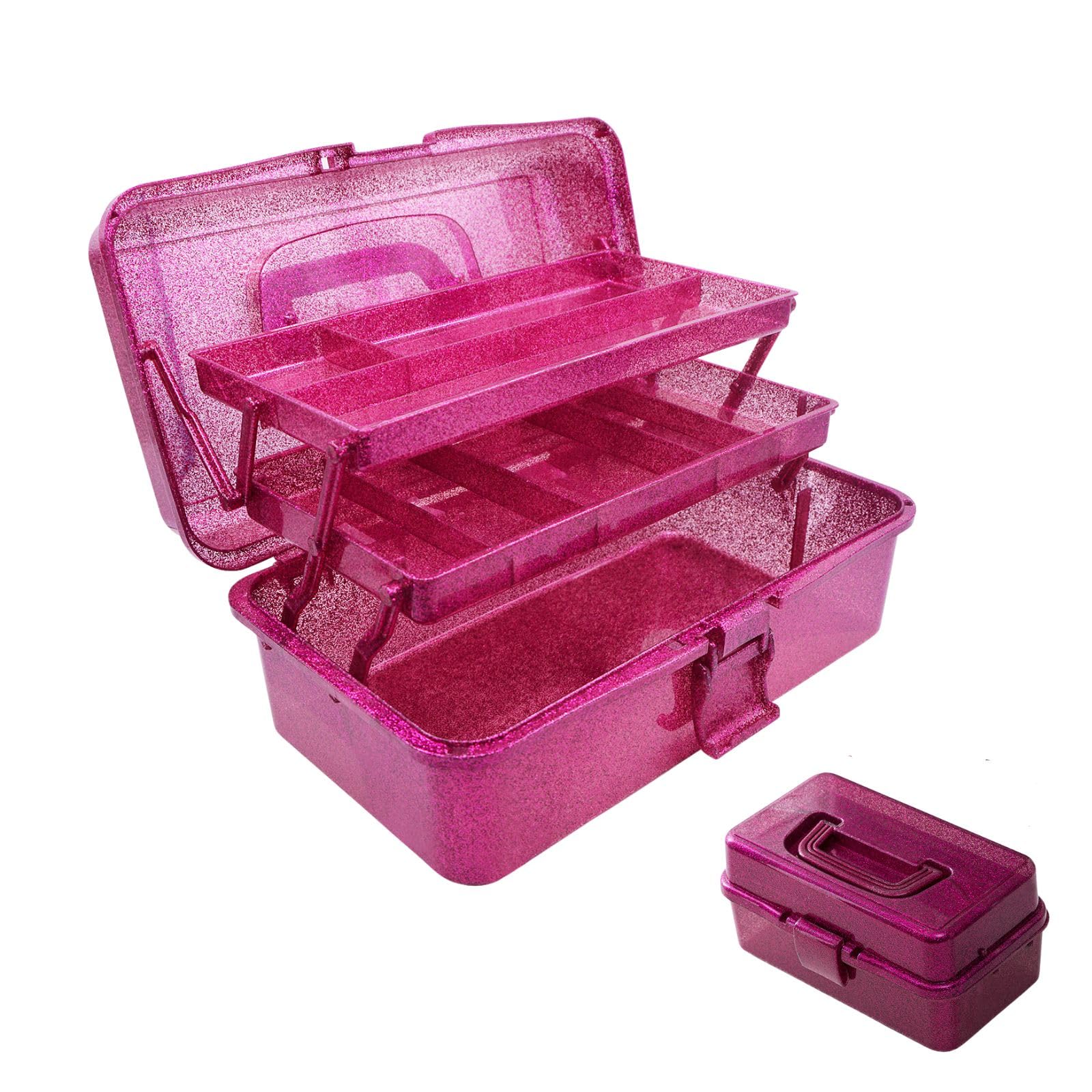 12.2inch 3-Layer Art & Craft Tool Storage Box, Beautiful Sewing Supplies Organizer, Plastic Portable Fishing Tackle Boxes, for Art Supply, Makeup, Hair Accessories,Painting Tools Container (Hot Pink)