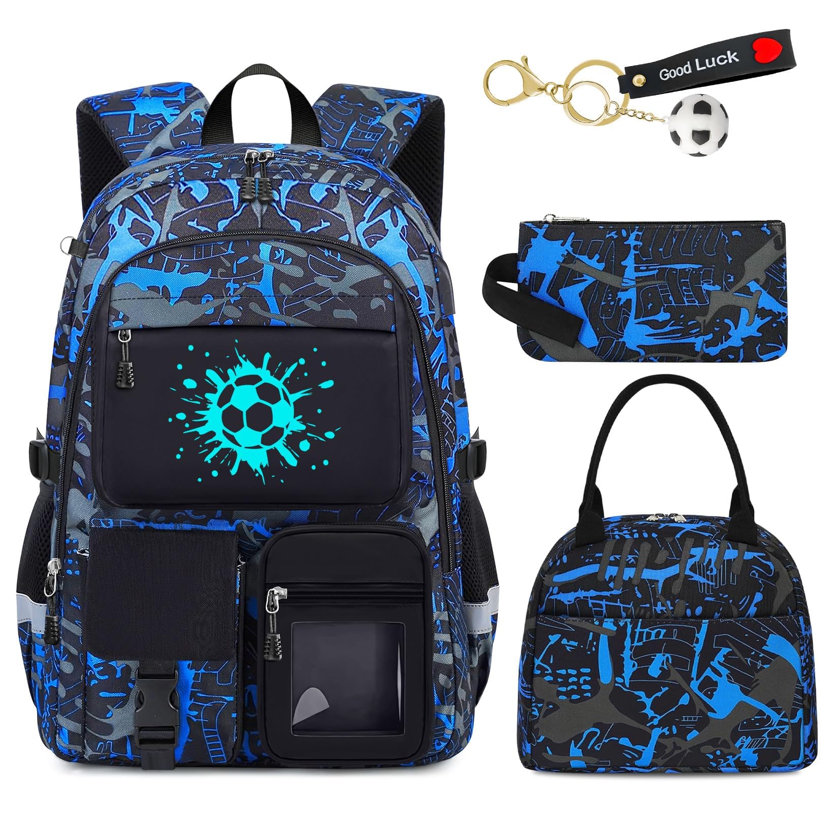 Fitvc School Backpack for Boys - 4pcs Soccer Boys Backpack with Lunch Box Set for Kids Teens Elementary Middle High School - 18" Large Capacity School