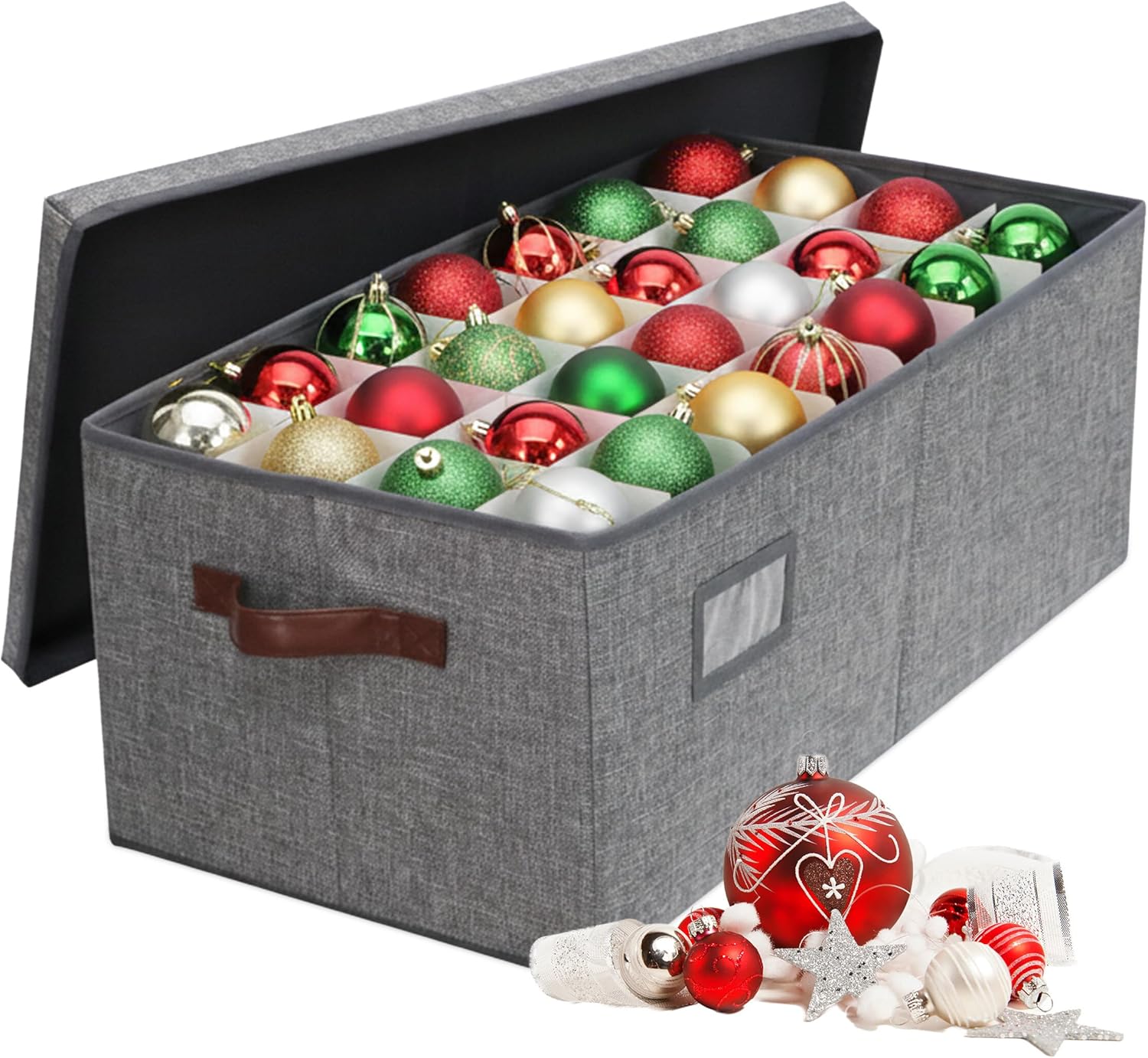 Relaxdays Christmas Bauble Storage Box for 96 Ornaments, Polyester & Cardboard, 26x66.5x33 cm, Grey