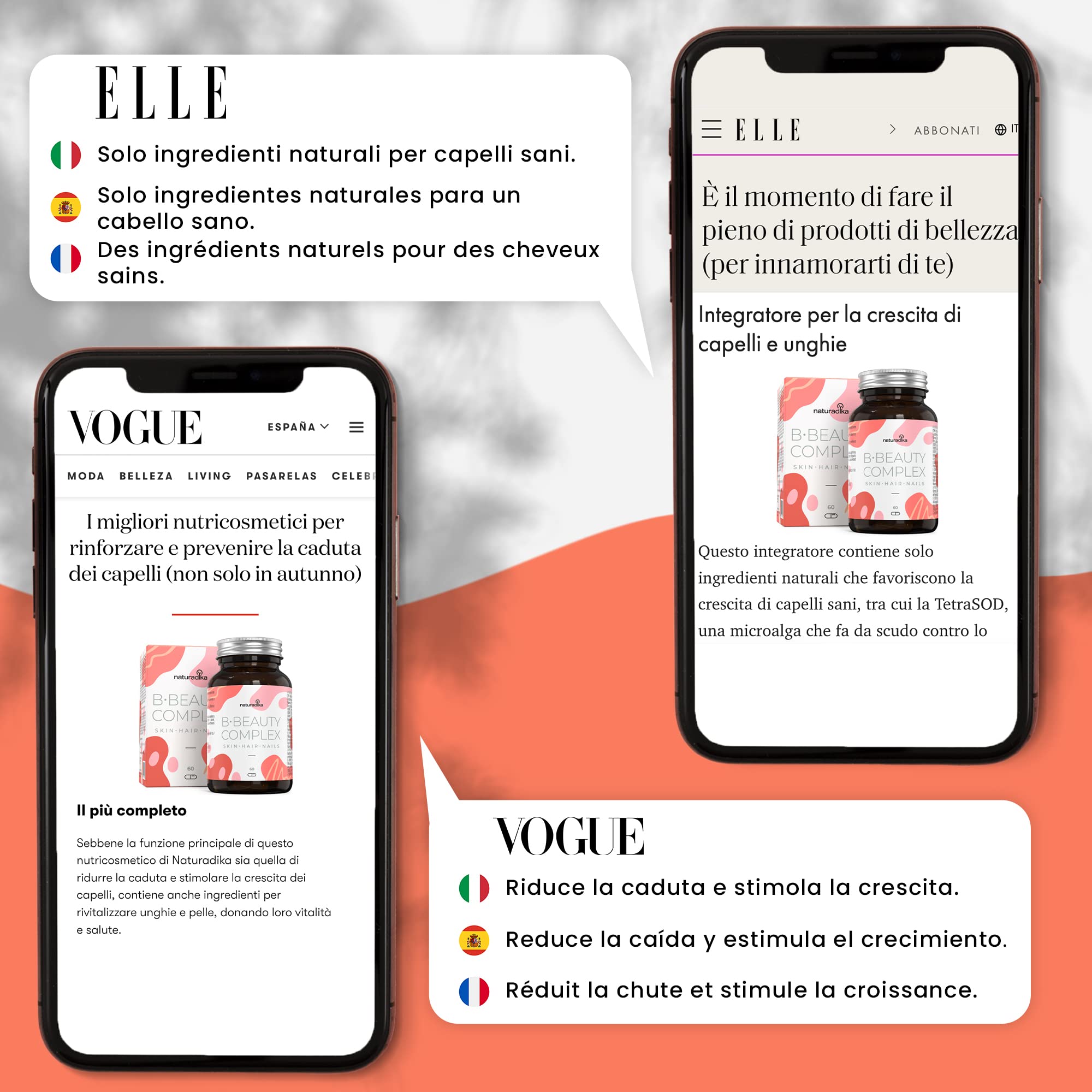 Integratore per Capelli con Biotina e Vitamine B·Beauty Complex | Effetto Anticaduta | Stimola Crescita e Ricrescita | Rinforza Unghie e Capelli | Nutre la Pelle | Integratori per Donna Naturadika