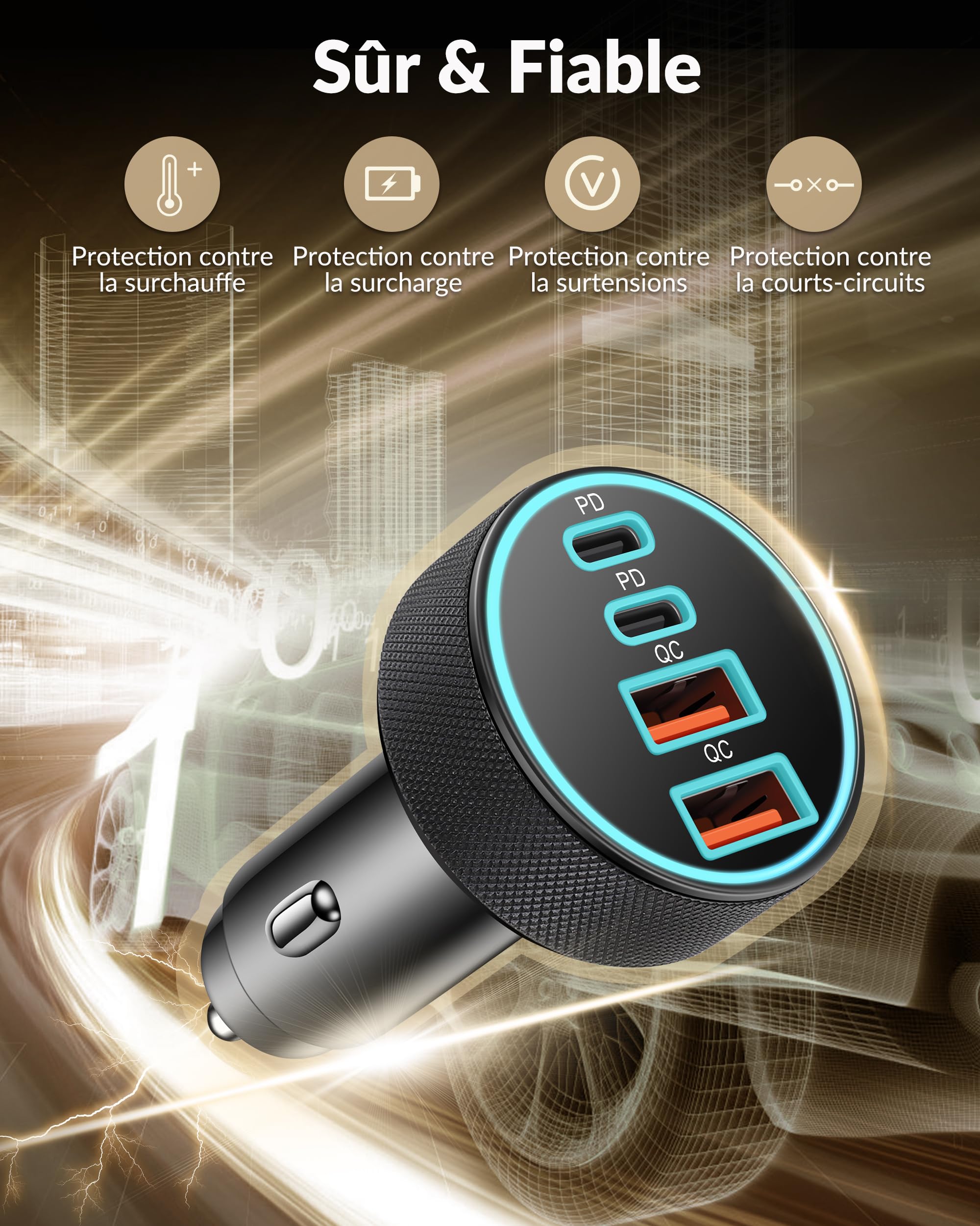 Chargeur Allume Cigare USB C, 90W 4-Port Double 45W USB-C/A avec Câble | PD/QC Prise 12V, Chargeur Rapide Voiture, Adaptateur Alumencigare, pour iPhone 17 Air 16 15 Pro Max, Samsung S26 S25, Pixel