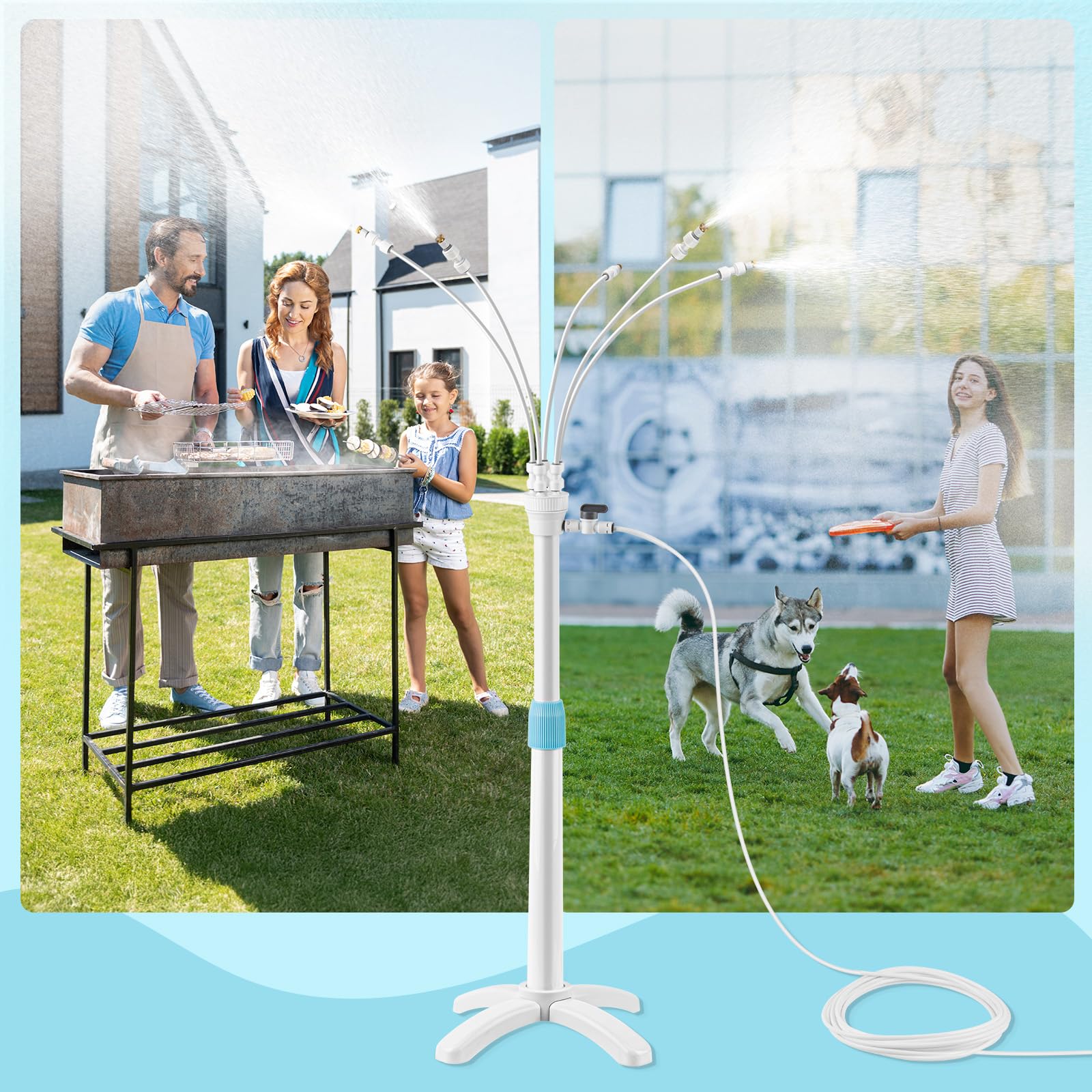 Stehende Sprühnebel Kühlung, 360° Vertikale Wassernebel Misting System, Nebel Sprinkler mit 1 Verlängerungsstange, 5 Nebeldüsen, Stehende Nebelkühlsystem für Garten Outdoor Kühlen Innenhof Pool Partys