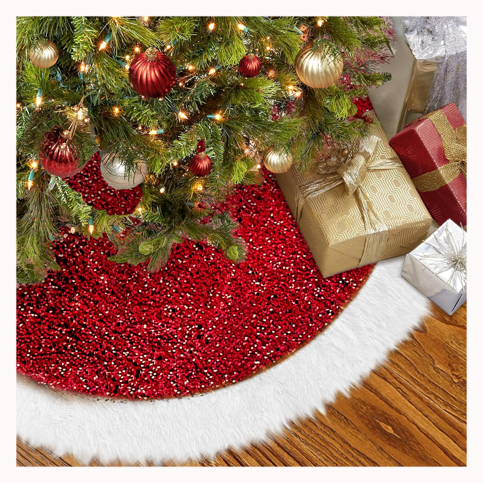 Christmas Tree Skirt, 48 inches Large Sparkling Red Sequin with White Faux Fur for Christmas Decorations Home Indoor Tree,Thick Plush Xmas Tree Skirt Decoration Set (Red)