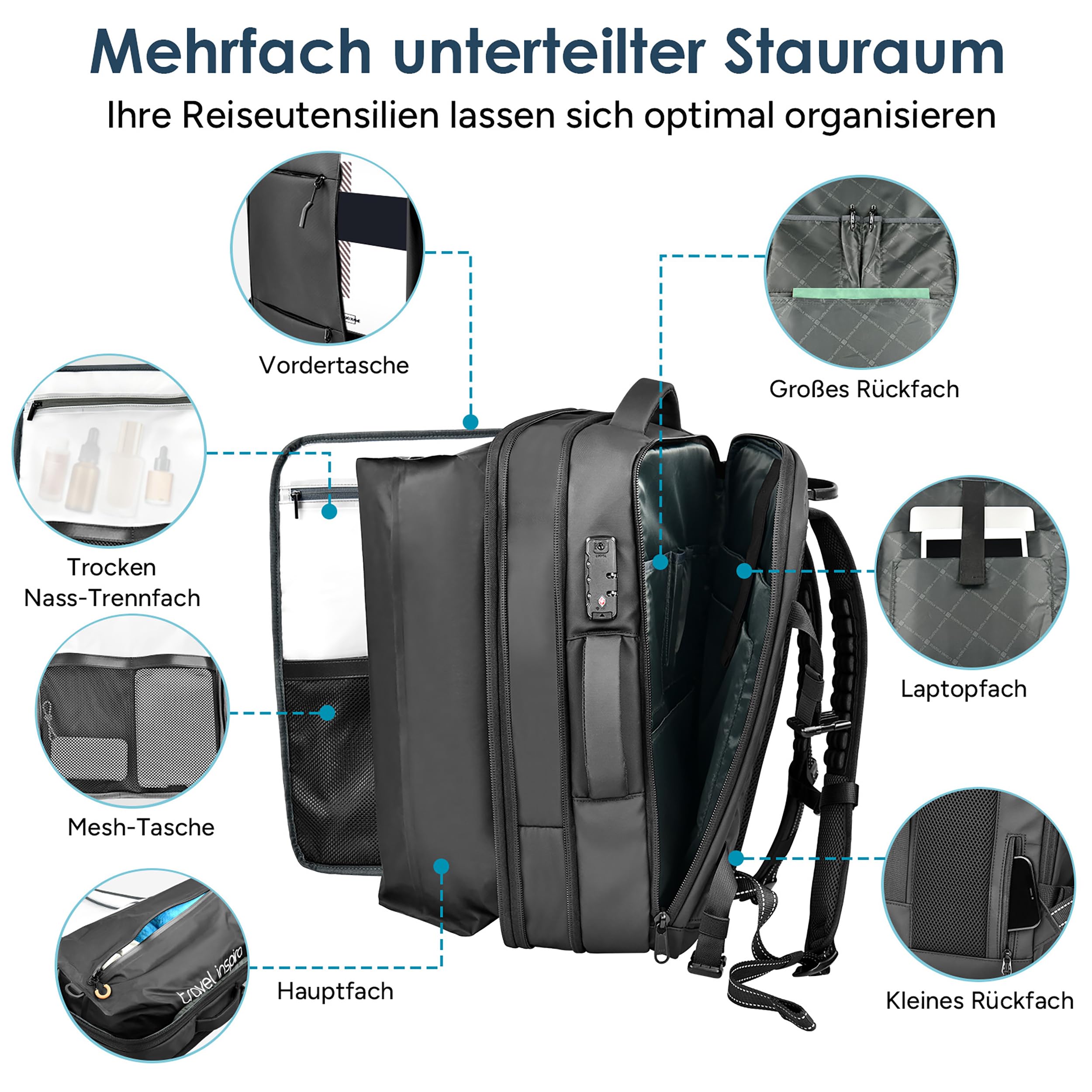 travel inspira Reiserucksack Handgepäck Flugzeug Vakuum Rucksack mit Pumpe | Erweiterbar von 45L auf 65L mit 17.3" Laptopfach TSA-Schloss 50% Platzsparend Vakuumbeutel Abnehmbar LED-Licht und SOS-Signal
