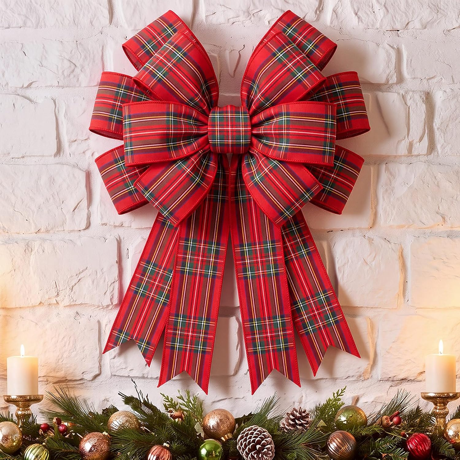 Thiccywoov 17.7'' x 14.5'' Large Plaid Tartan Bow Wreath Decor,Orange | Fall Wreath Bows, Orange Autumn Plaid Bows, Thanksgiving Farmhouse Holiday Decor, Front Door Backdrops Decorations