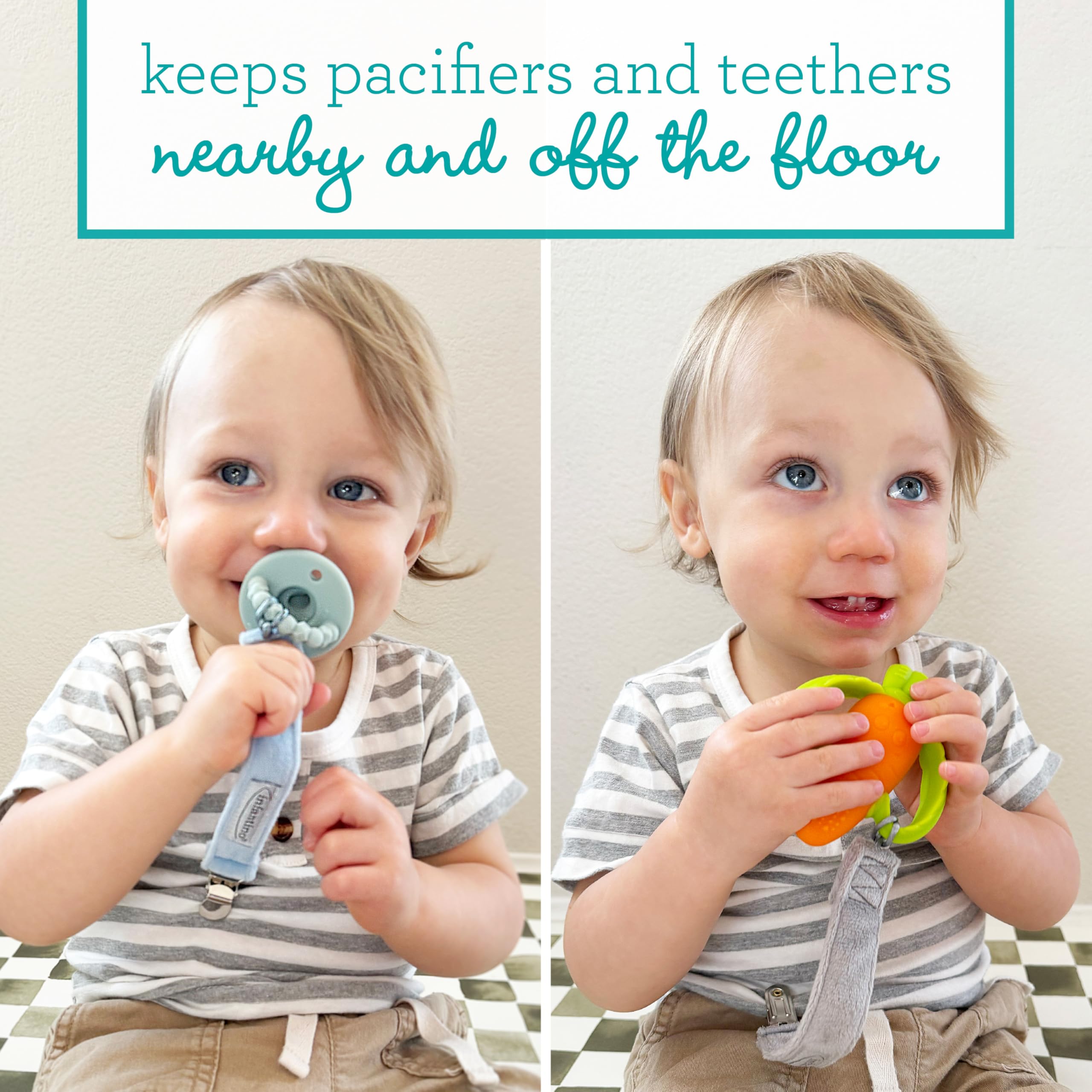 Infantino PaciGrip Luxe 2-Pack – Soft Luxurious Pacifier Clips, Universal Fit, Gentle on Clothes, Keeps Pacifiers Clean & Close, Ages 0-36 Months, Blue & Gray