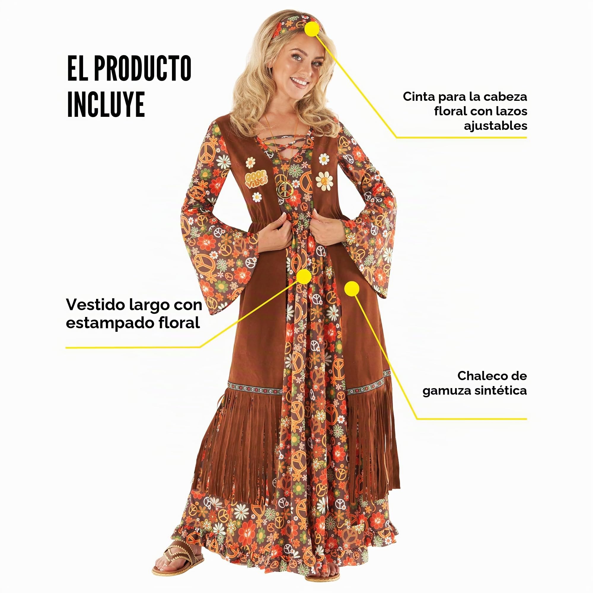 Morph Disfraz Hippie Mujer, Vestido Retro Años 70, Traje Vintage Fiesta, Disfraces para Carnaval y Halloween