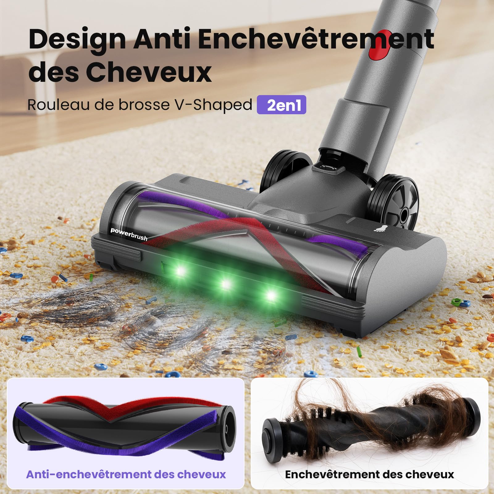 Aspirateur Balai sans Fil 600W/58000Pa/75min, Aspirateur sans Fil Puissant avec Tuyau Extensible 1m Désenfileur de Poils d'animal, Tube Pliable, pour Tapis, Poils Animaux, Sol Dur et Voiture