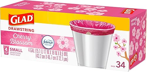 Miniatura 9 de Glad Odorshield - Bolsas de basura pequeñas con cordón, 4 galones, rosa, flor de cerezo, 34 unidades, el paquete puede variar