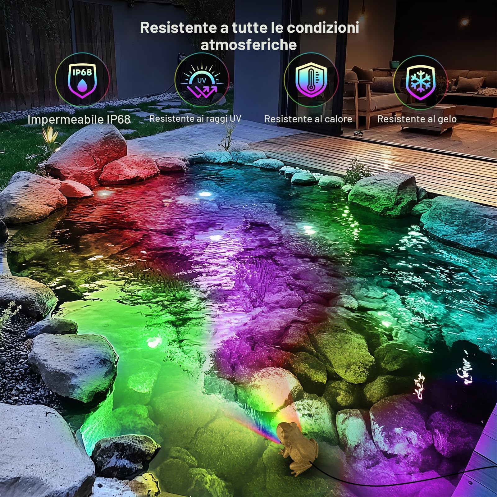 Luci per Laghetto Sommerse con Controllo APP, 6W Faretti per Laghetto IP68 Impermeabile, Luci per Laghetto con 12V Trasformatore e Timer per Fontana Giardino Cascate Marrone sabbia Set 2