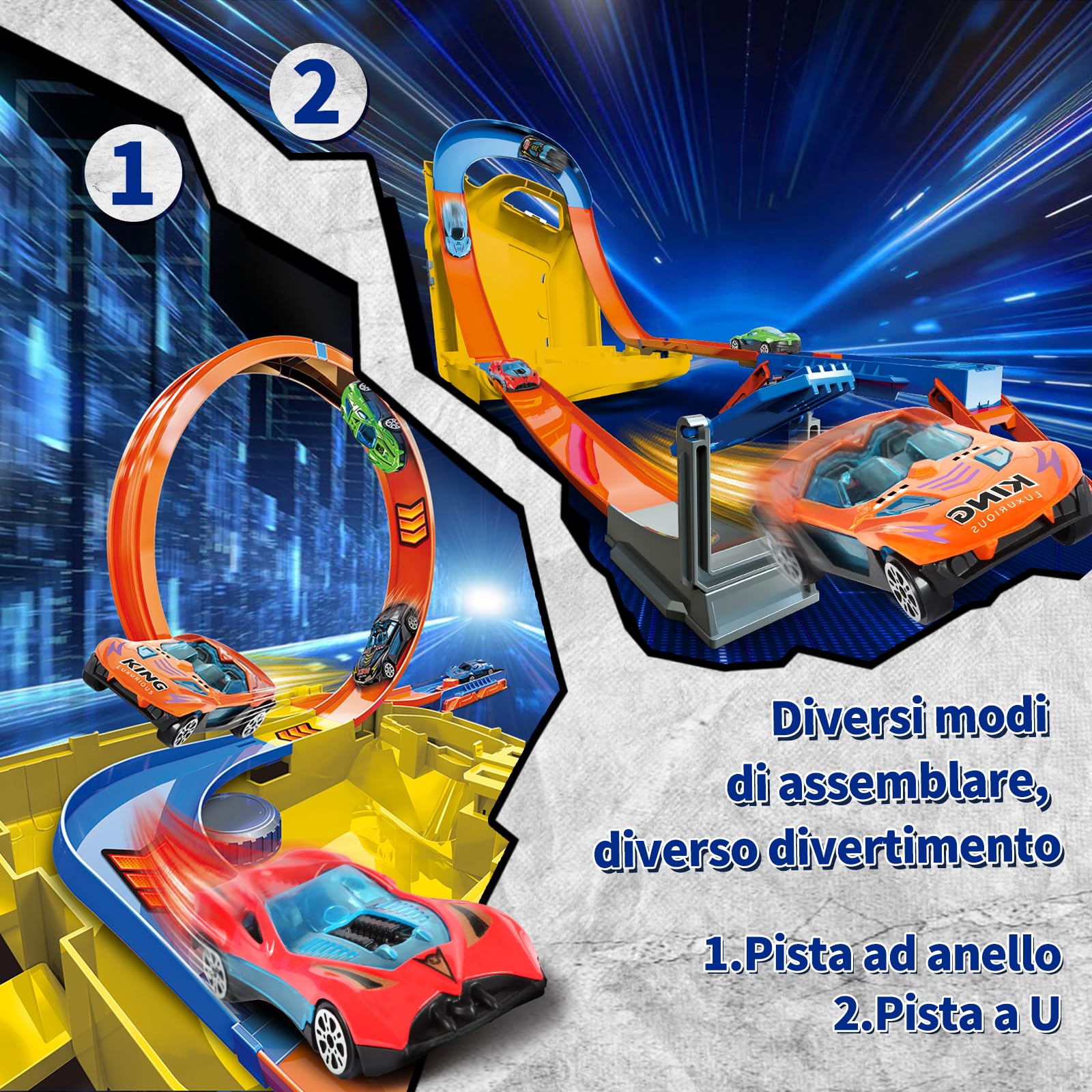 Charmofun Pista Macchinine 2 in1, Giocattolo Piste da Corsa con 6 Auto, Scatola Immagazzinaggio, Piste Macchinine per Bambini con Anello e Binari a U, Portatile Pista per Bambini 3+ Anni (Giallo)