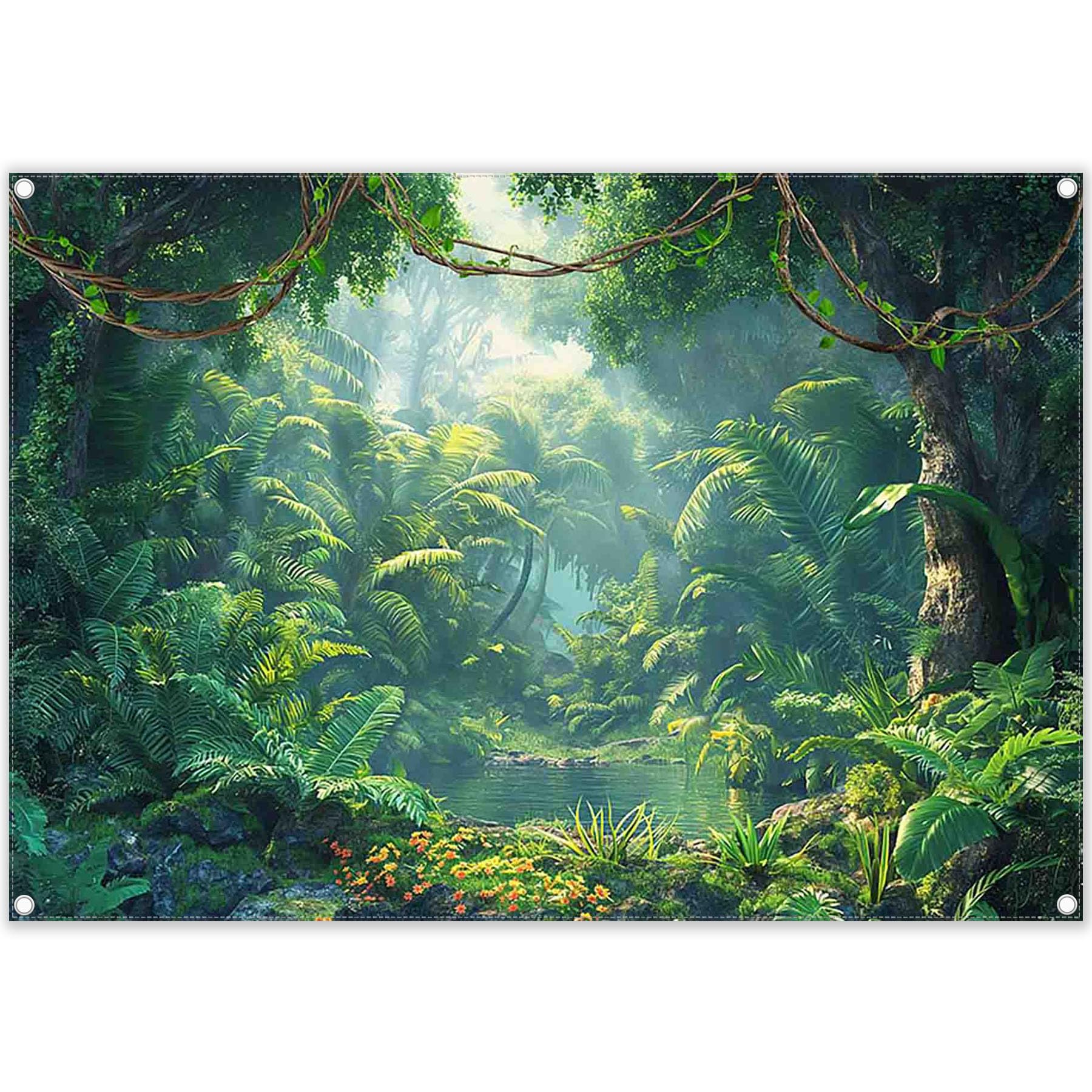 ZTHMOE Fabric 7x5ft Jungle Forest Photography Backdrop Rainforest Tropical Natural Scenery River Background Summer Adventure Party Decorations Photo