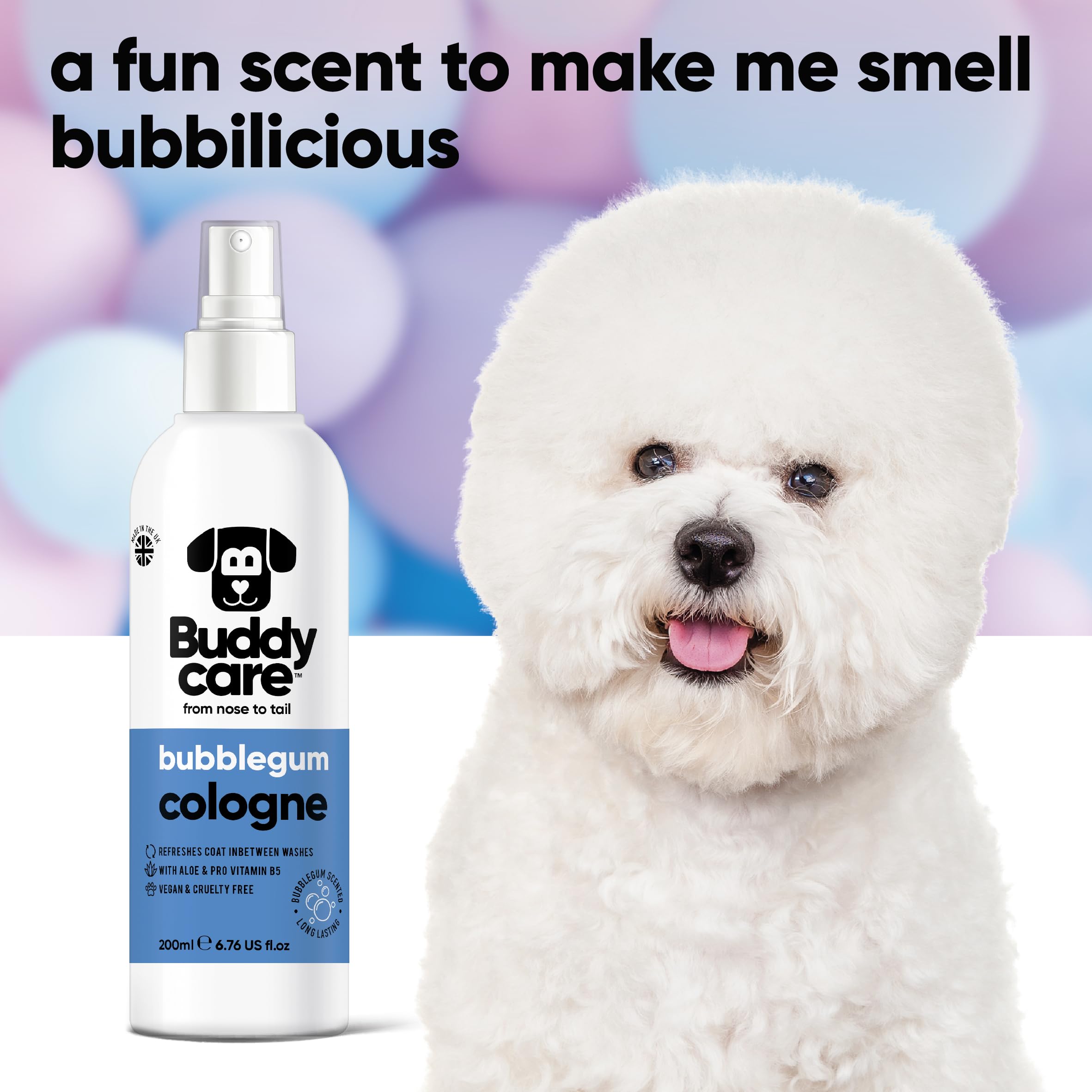 Buddycare Dog Coloński – guma bąbelkowa – słodko i fantazyjnie pachnąca kolońska – odświeża między myciami psa (200 ml, 1 sztuka)