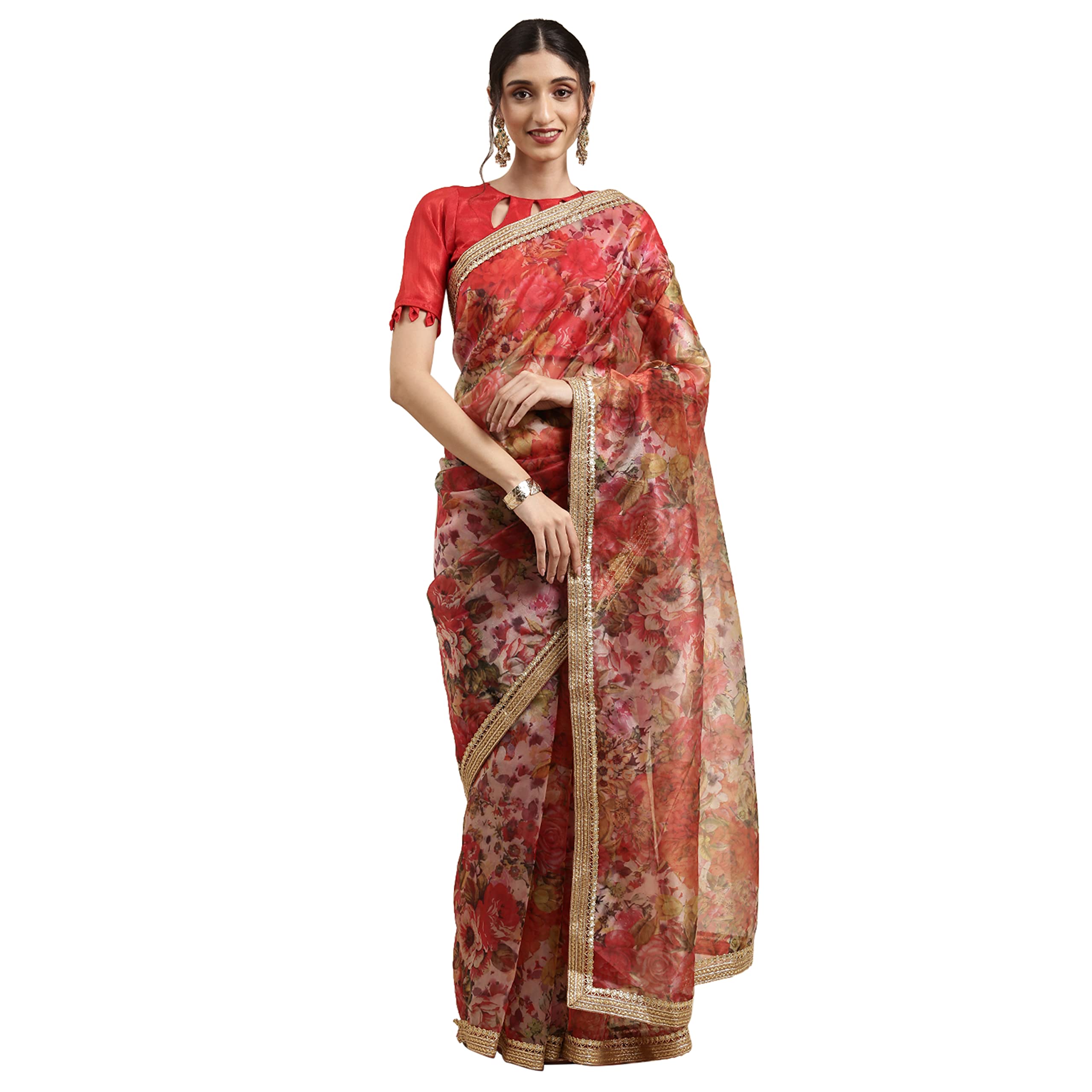 WomanistaWomen's Red & Multicolor Floral Printed Organza Saree(Ti2029_Red Multicolor_Onesize)