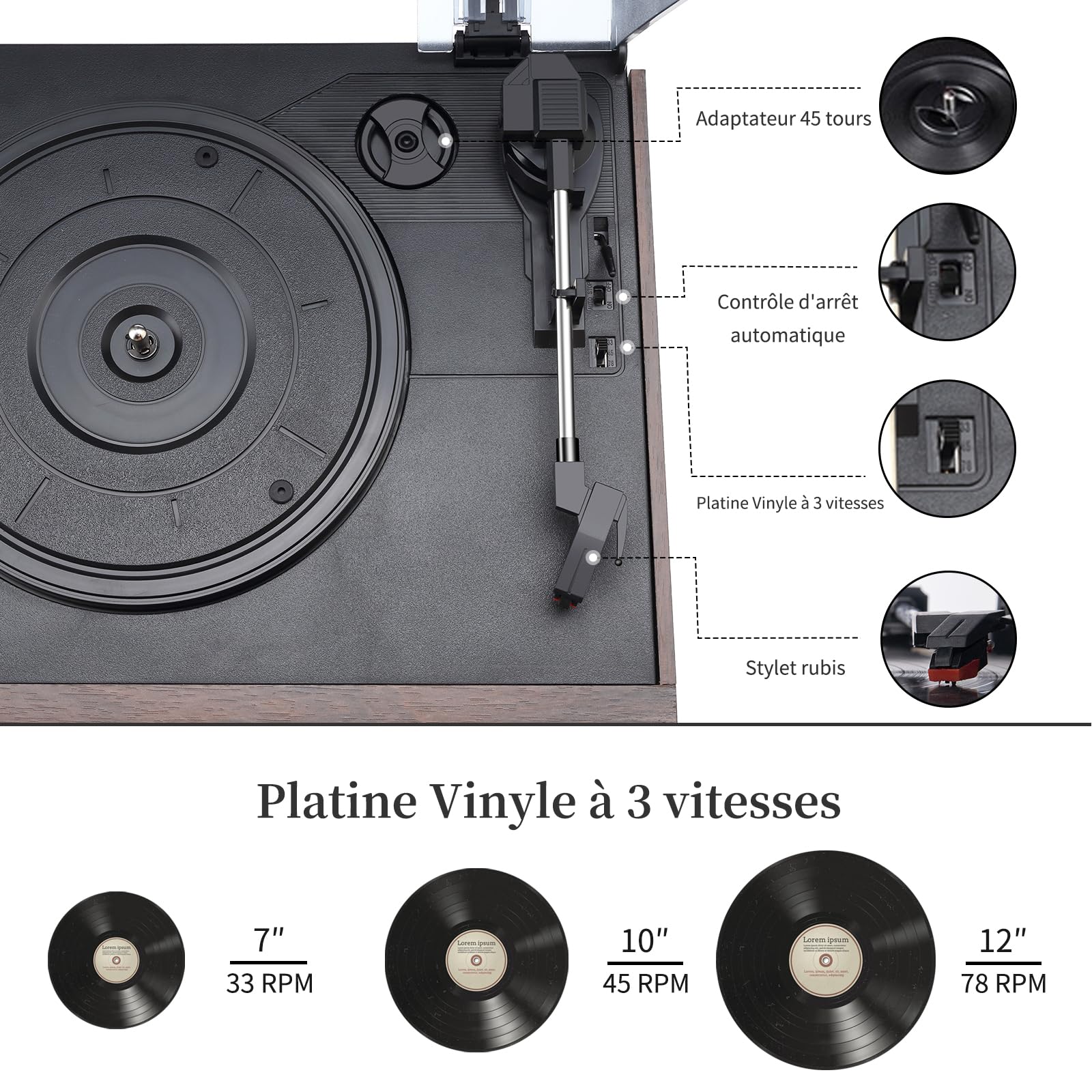 9-in-1 Platine Vinyle 3 Vitesses Bluetooth avec Prise Audio 3,5 mm, Vinyle Phono avec Haut-parleurs stéréo intégrés/Piles, CD/Cassette, Radio AM/FM, USB/SD, Marron