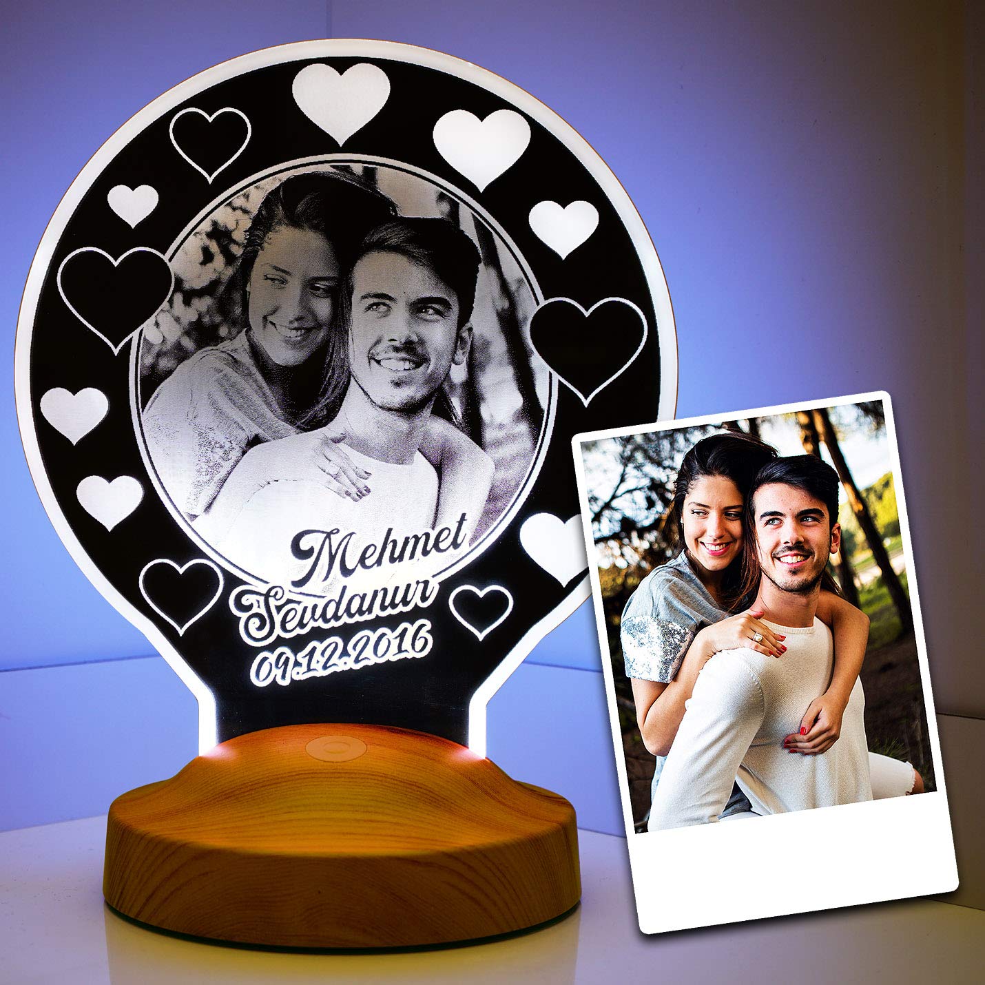 Regalo para el Día de la Madre Lámpara personalizable con foto y texto en imágenes 3D LED, diseño de lámpara grabada (redonda)