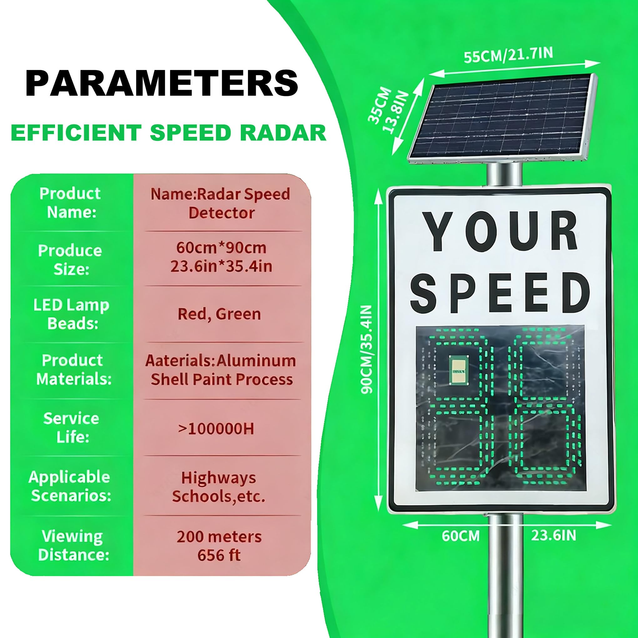 Cartel de Velocidad con Tecnología Radar y Energía Solar, Pantalla Grande para Gestión de Tráfico en Instalaciones Logísticas