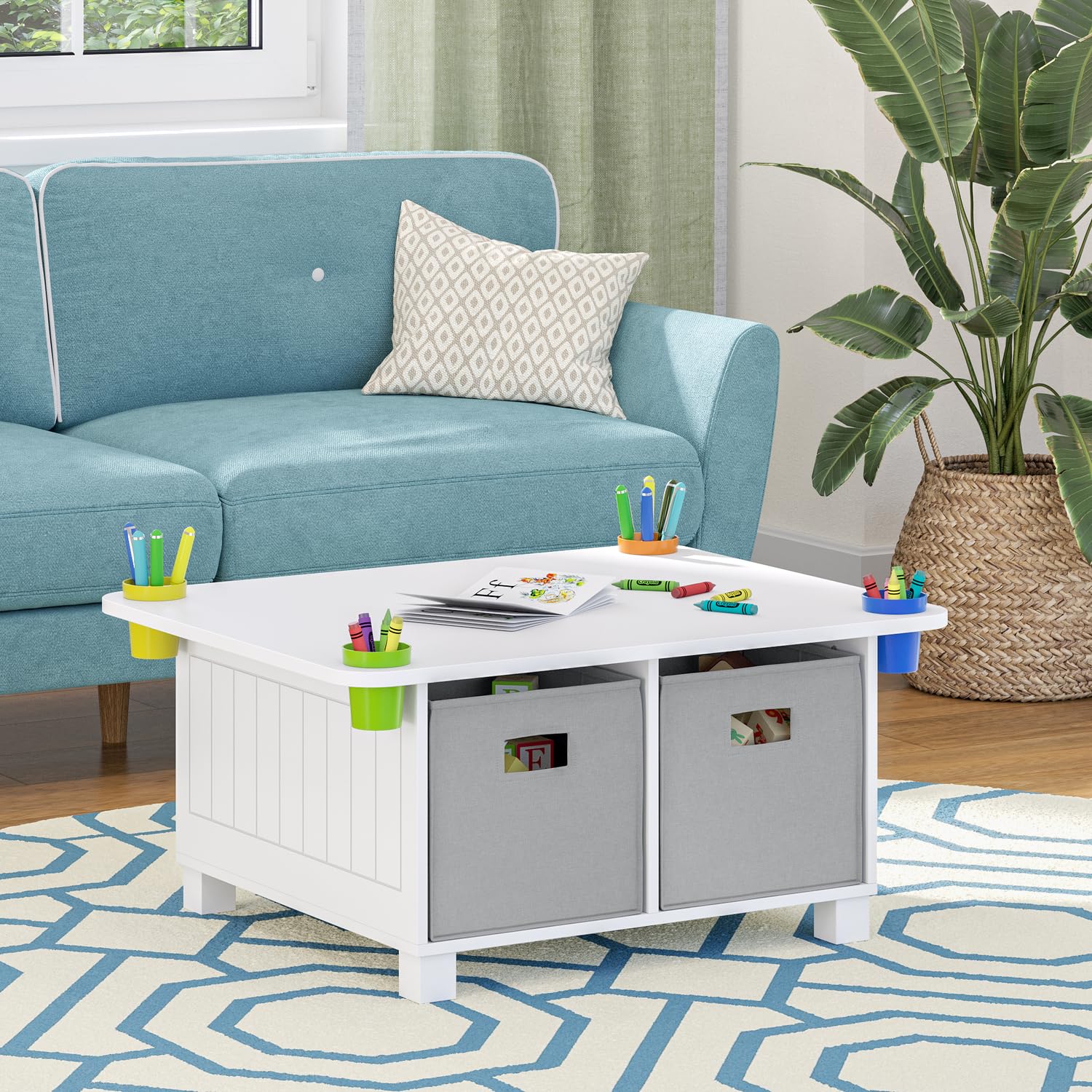 RiverRidge Kids Desk and Art Activity Table - Play Table with 4 Storage Cubbies & Removable Storage Cups for Crafts, Puzzles & Activities 2 Navy Folding Fabric Storage Bins