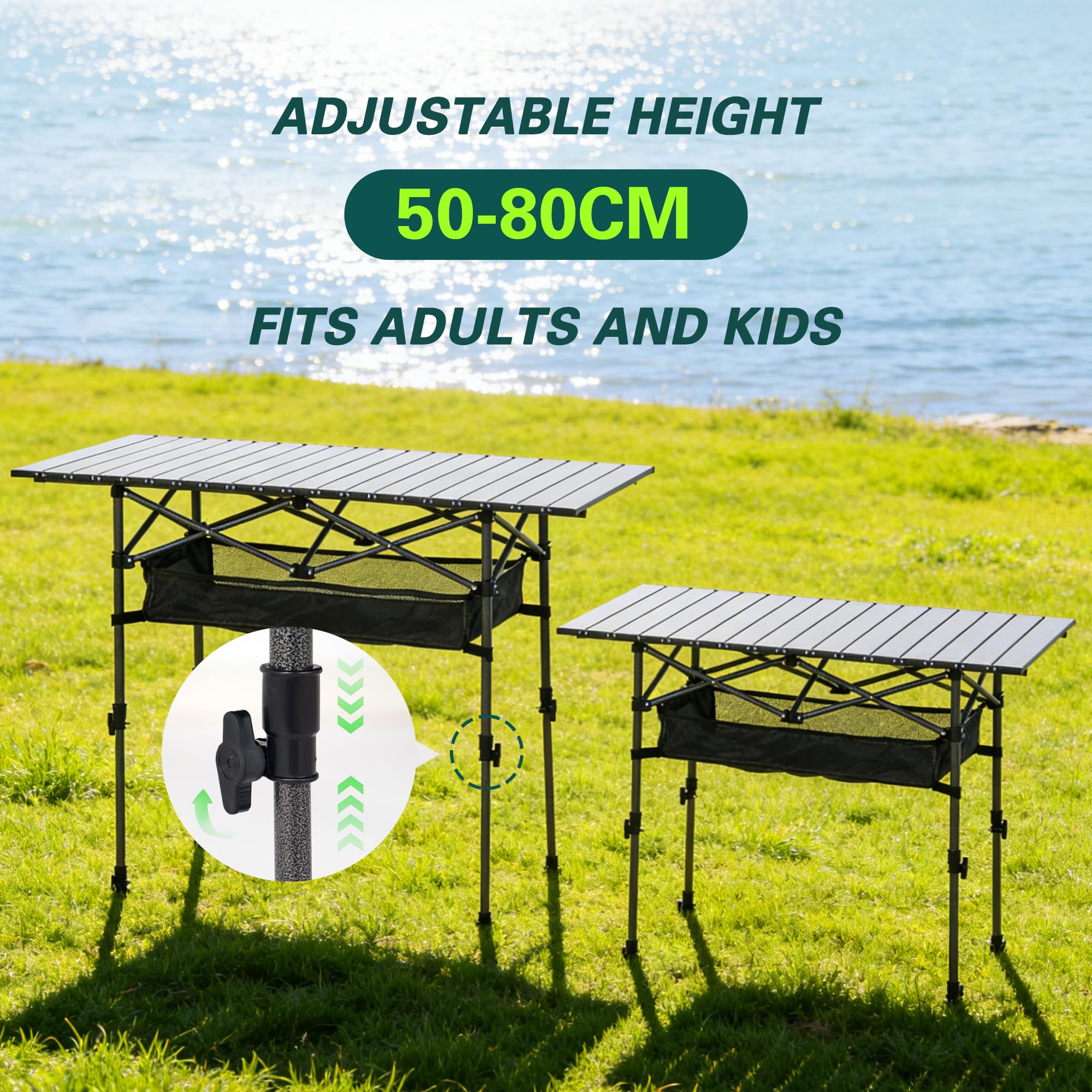 Grande table de camping pliante réglable en hauteur - 120 x 55 cm - Portable - Avec filet de rangement et sac de transport - Table à roulettes stable en acier au carbone - Pour camping
