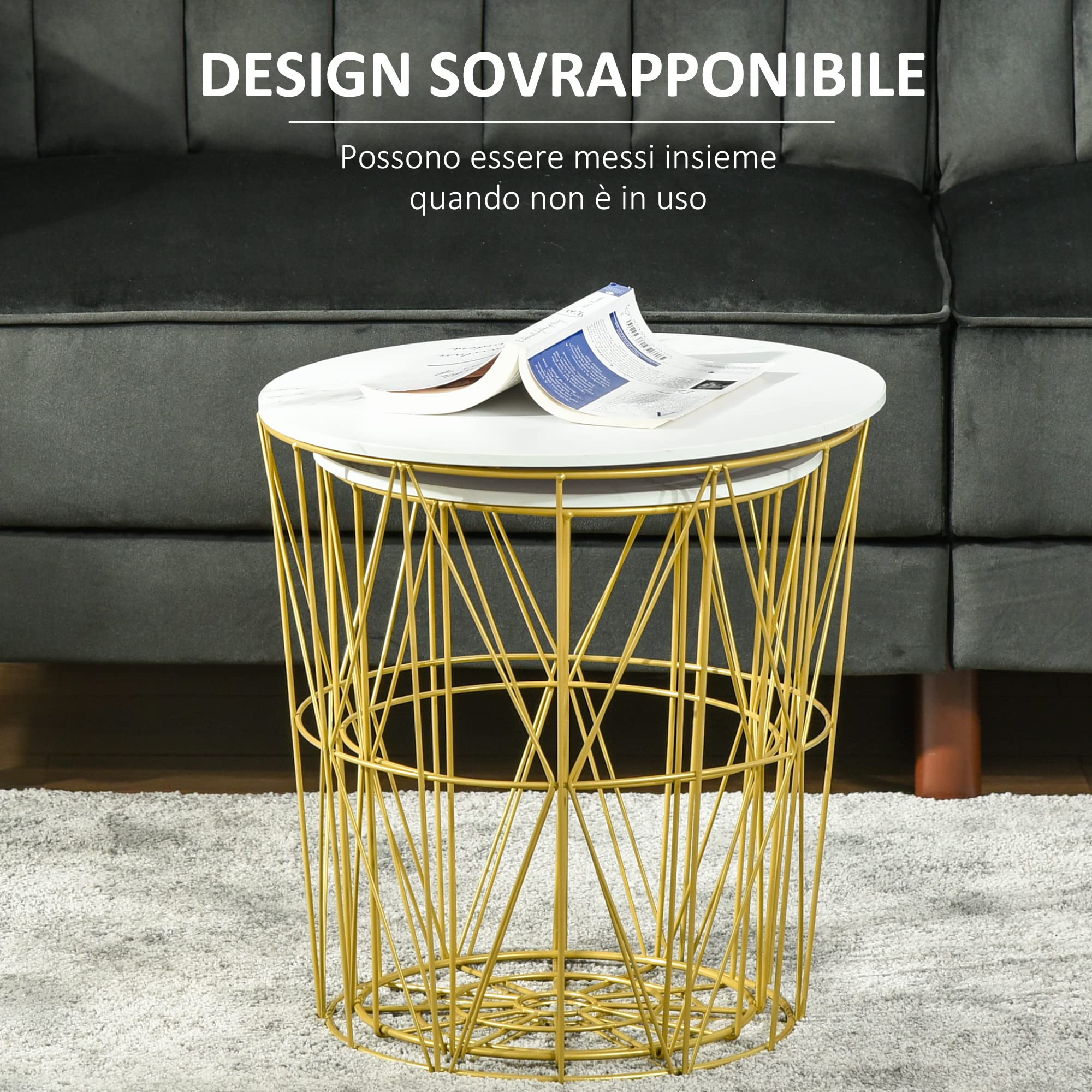 HOMCOM Set 2 Tavolini da Salotto Moderni Impilabili con Ripiano Rimovibile, Tavolino da Caffè con Contenitore per Soggiorno e Camera, Bianco Oro