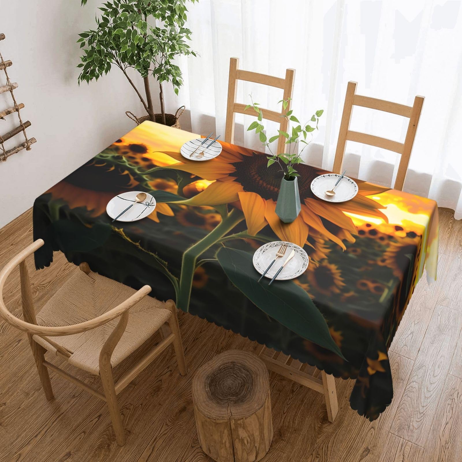 CNTDBU Farm Sunflower Scalloped Edge Tablecloth 54x72-Waterproof Stain Resistant Wrinkle Free Cover, Square Table Cloth for Dining Party