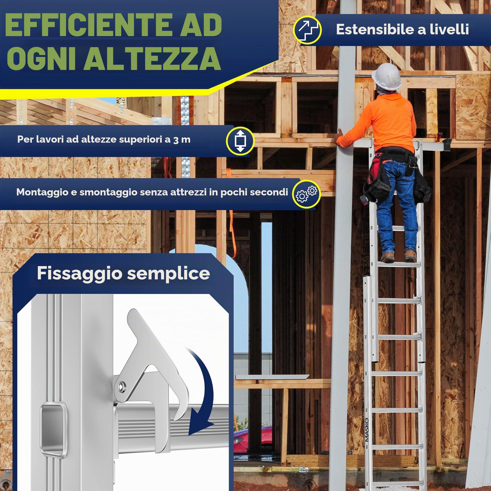 Masko® Ponteggi Telaio in alluminio Struttura Scala da ponteggio, Piattaforma lavoro | Caricabile fino a 150 KG | Rivestimento antiscivolo | | Testato GS (EN 131)