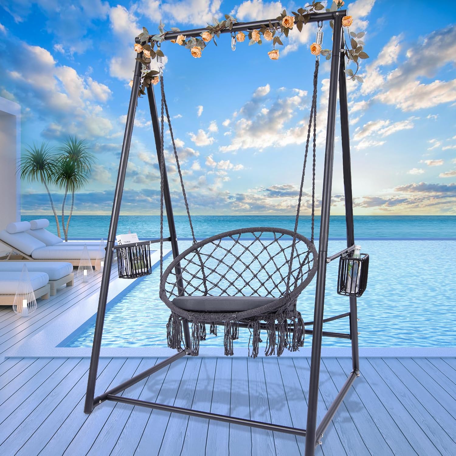 Hammock Chair Macrame Swing with Cushion & Stand Set, Heavy