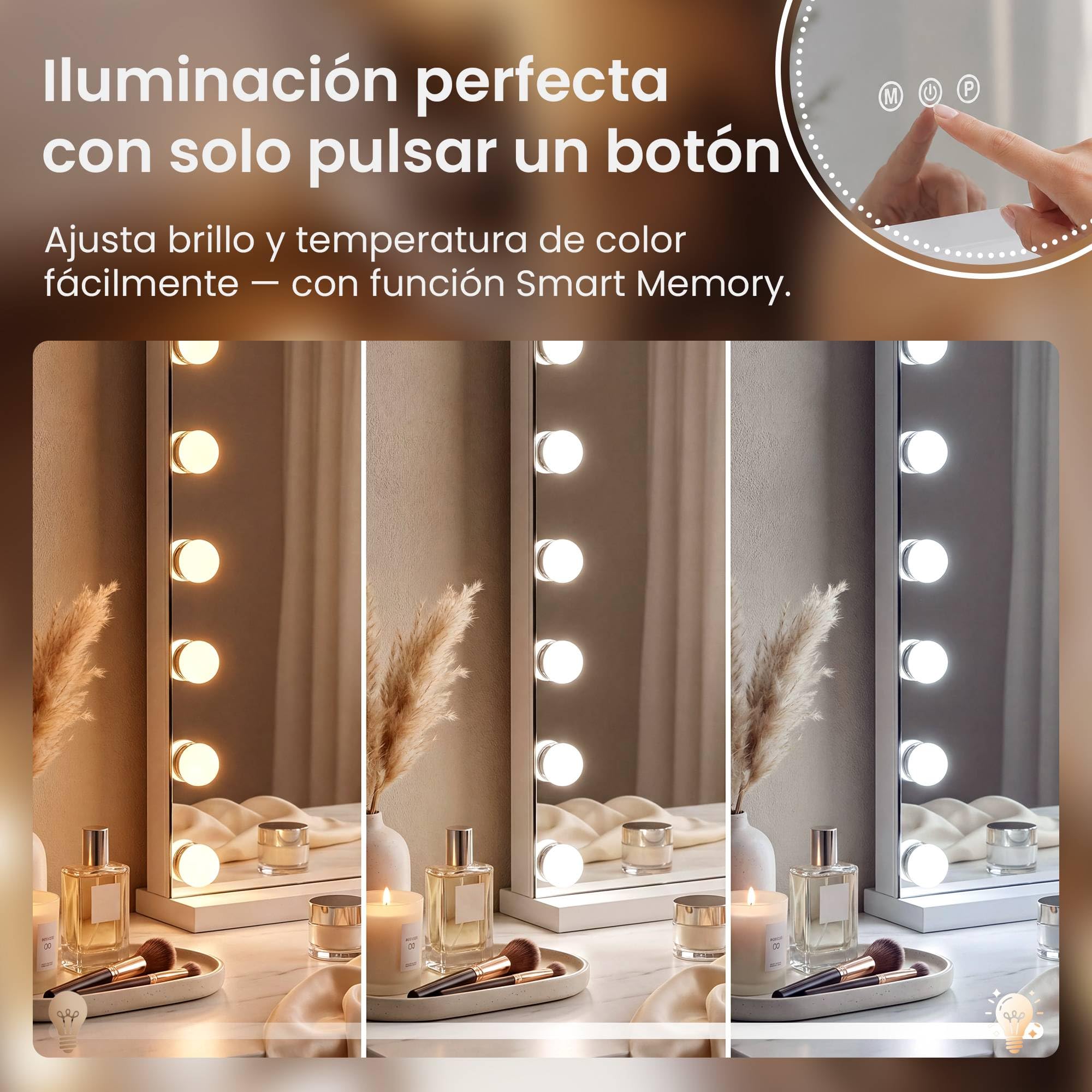CLP Espejo de Maquillaje con Iluminación 80x60 cm Norlina, Altavoz Bluetooth, USB, Estilo Hollywood, Montaje en Pared o de Pie, Color:Blanco, Contenido del Set:con Bluetooth