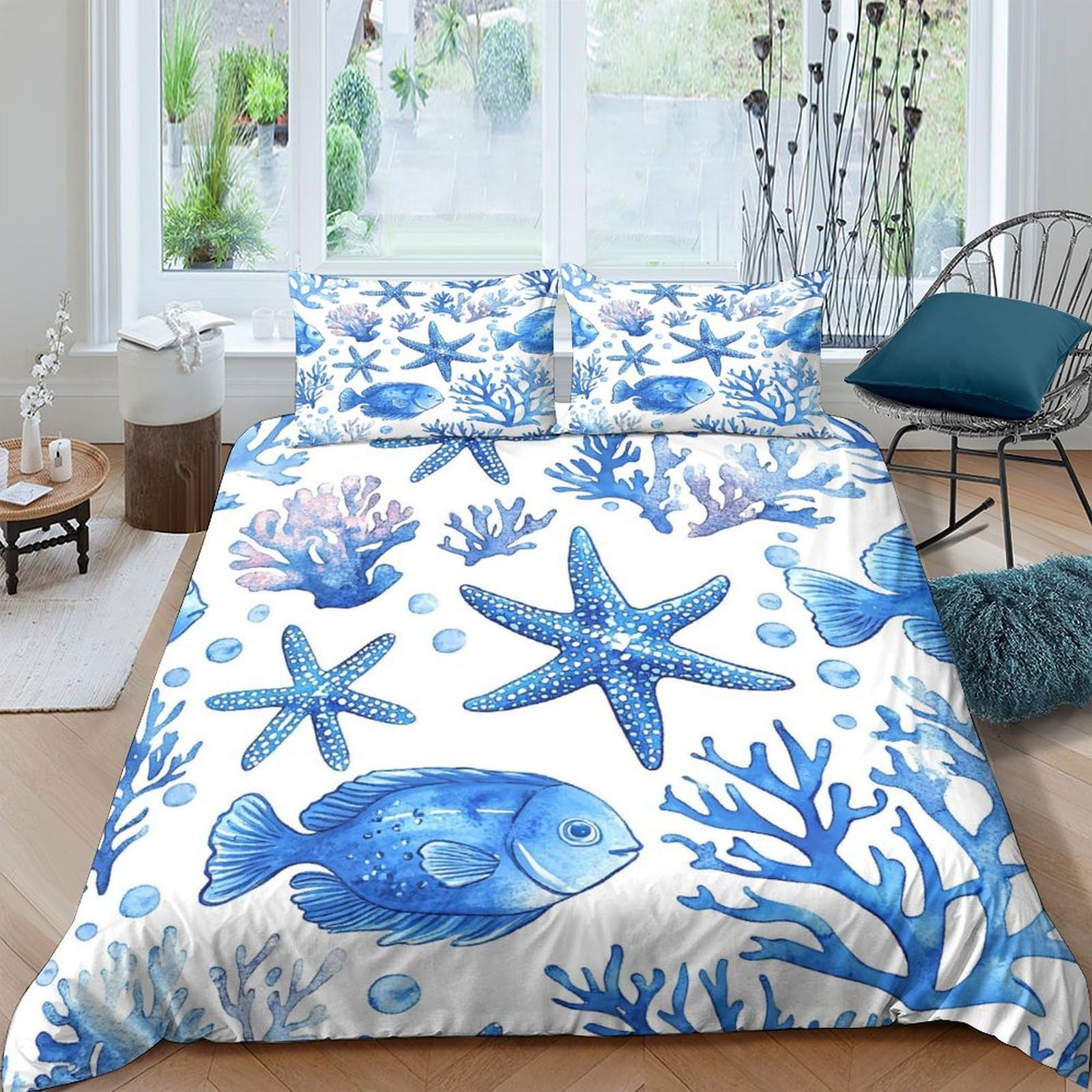 Ctjqhvkz Style-2 3D Printed Blue Ocean Fish Fitted Sheet Microfiber Soft Starfish Mattress Cover For Bedroom Dorm Easy Care Decor Single（135X200cm）