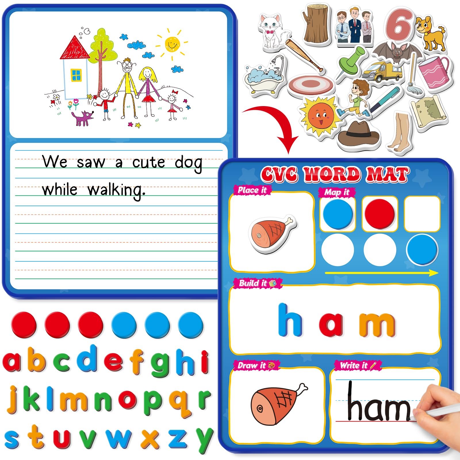 Kasfalci CVC Word Games,Phonics Games,Magnetic Letters & Dry Erase Board,Refrigerator Fridge Alphabet ABC Magnets for Kids Toddlers,Elkonin Box,Speech Therapy,Spelling Reading Manipulative Classroom