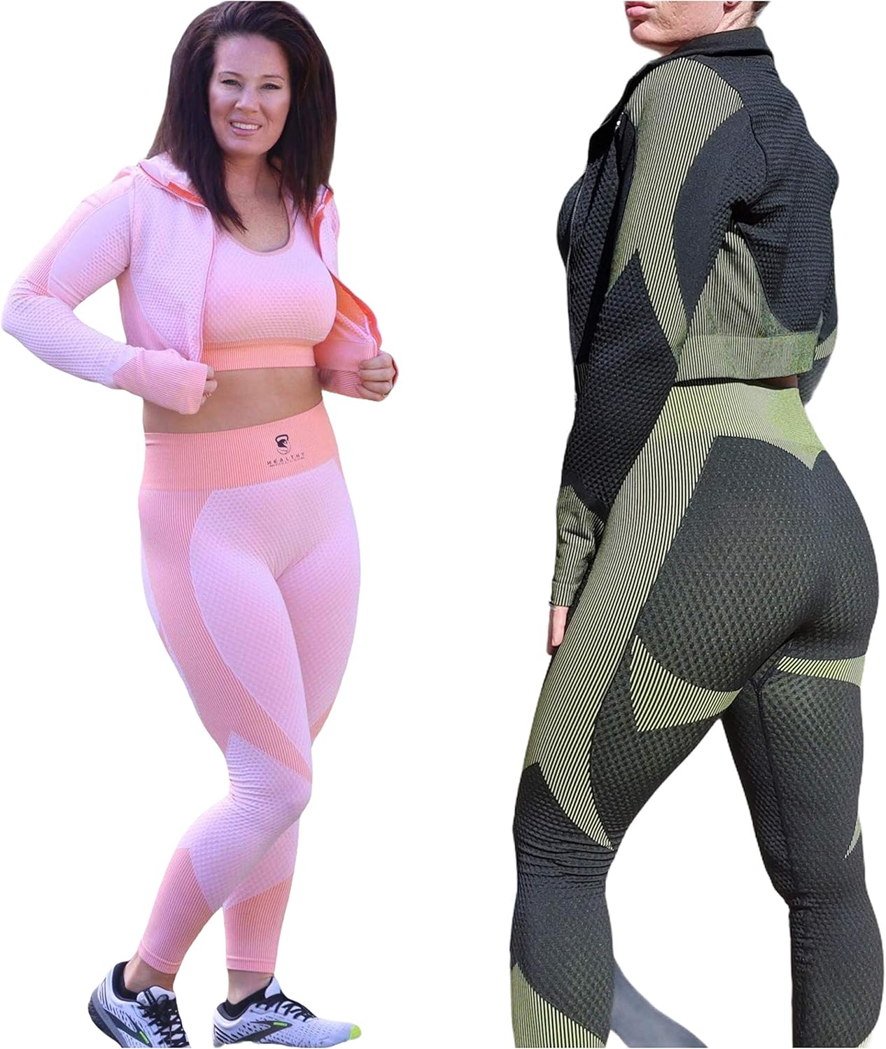 seamless 3 Piece outfit high waist leggings crop top jacket bra set yoga activewear set (Black, Small)