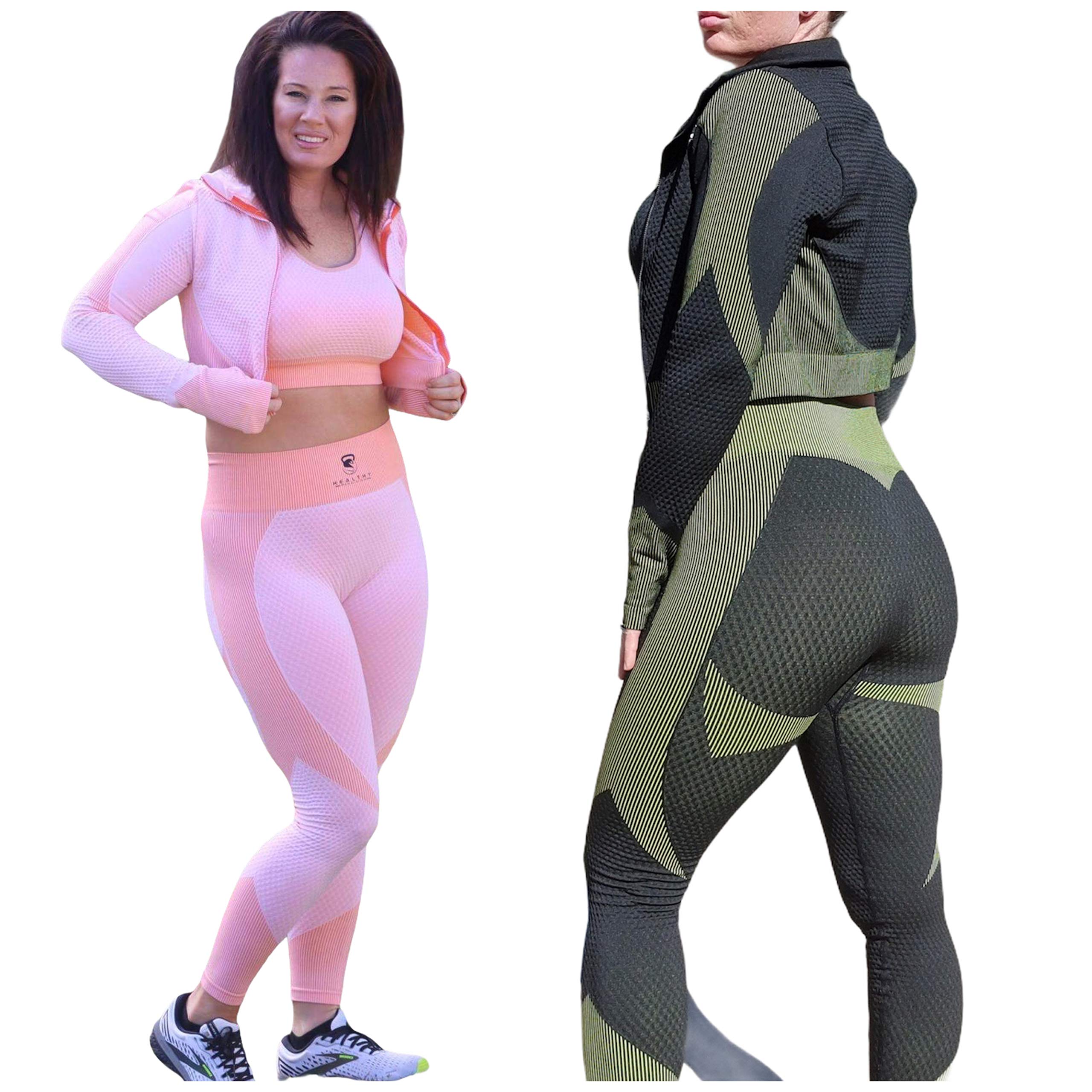 seamless 3 Piece outfit high waist leggings crop top jacket bra set yoga activewear set Black Large