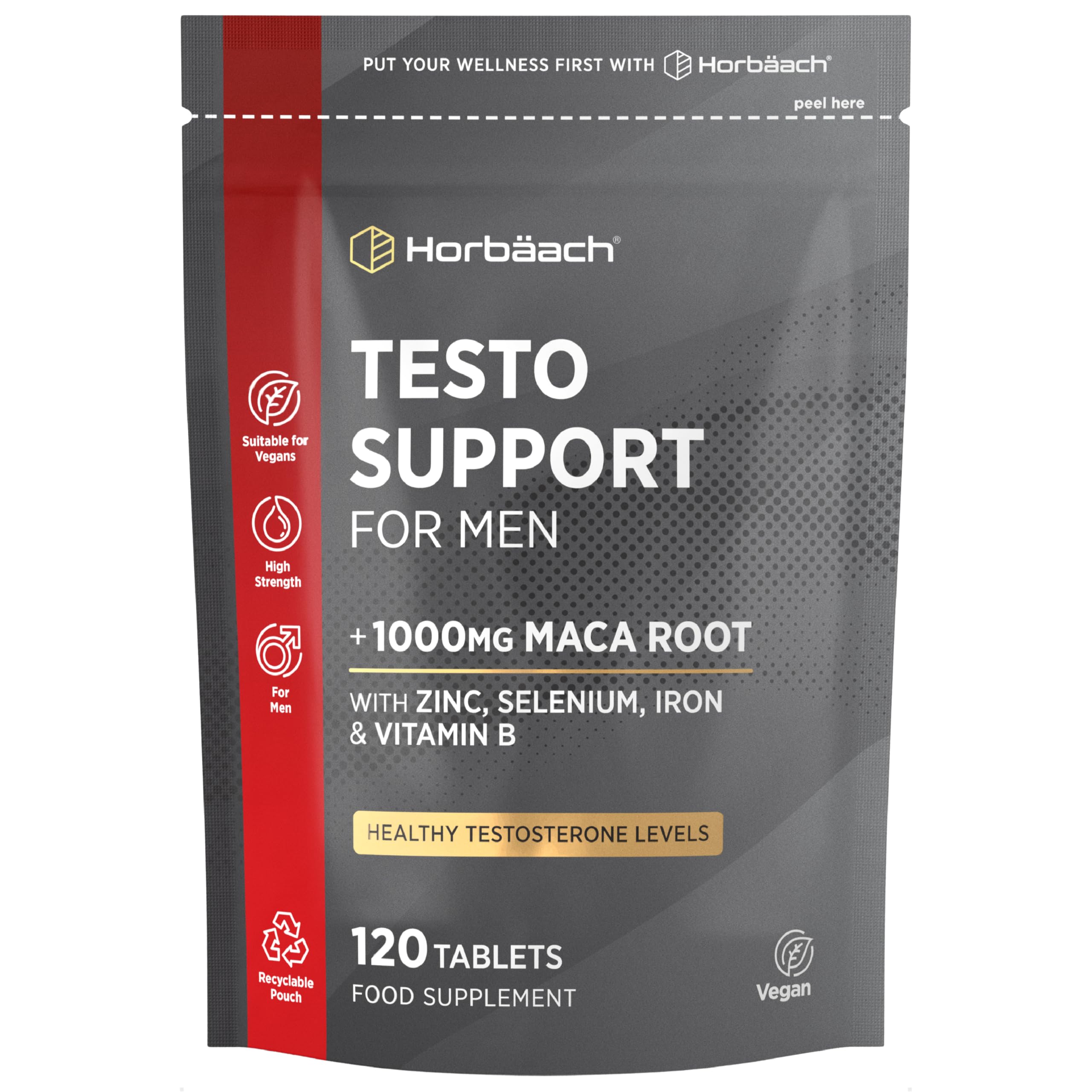 Testosterone Supplement for Men | 120 Vegan Tablets (4 Months Supply) | Male Hormone Tablets with Maca Root, Zinc, Selenium, Iron & B Vitamins | by Horbaach