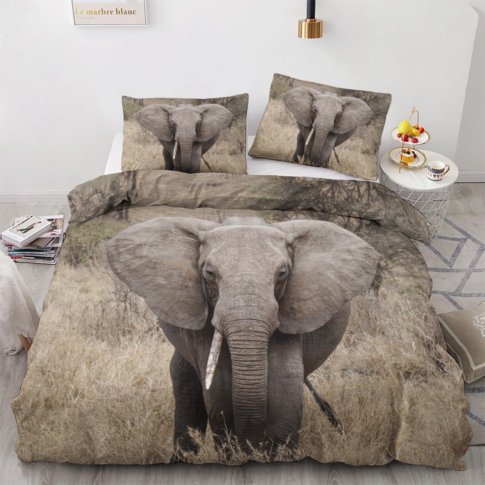 Nogawa Multicolor African Elephant Emperor Duvet Cover - Wild Animal Bedding Set - Reversible Quilt Cover & 2 Pillowcases With Zip And Ties, Ultra Soft And Non Iron Brushed Microfibre Bed Set