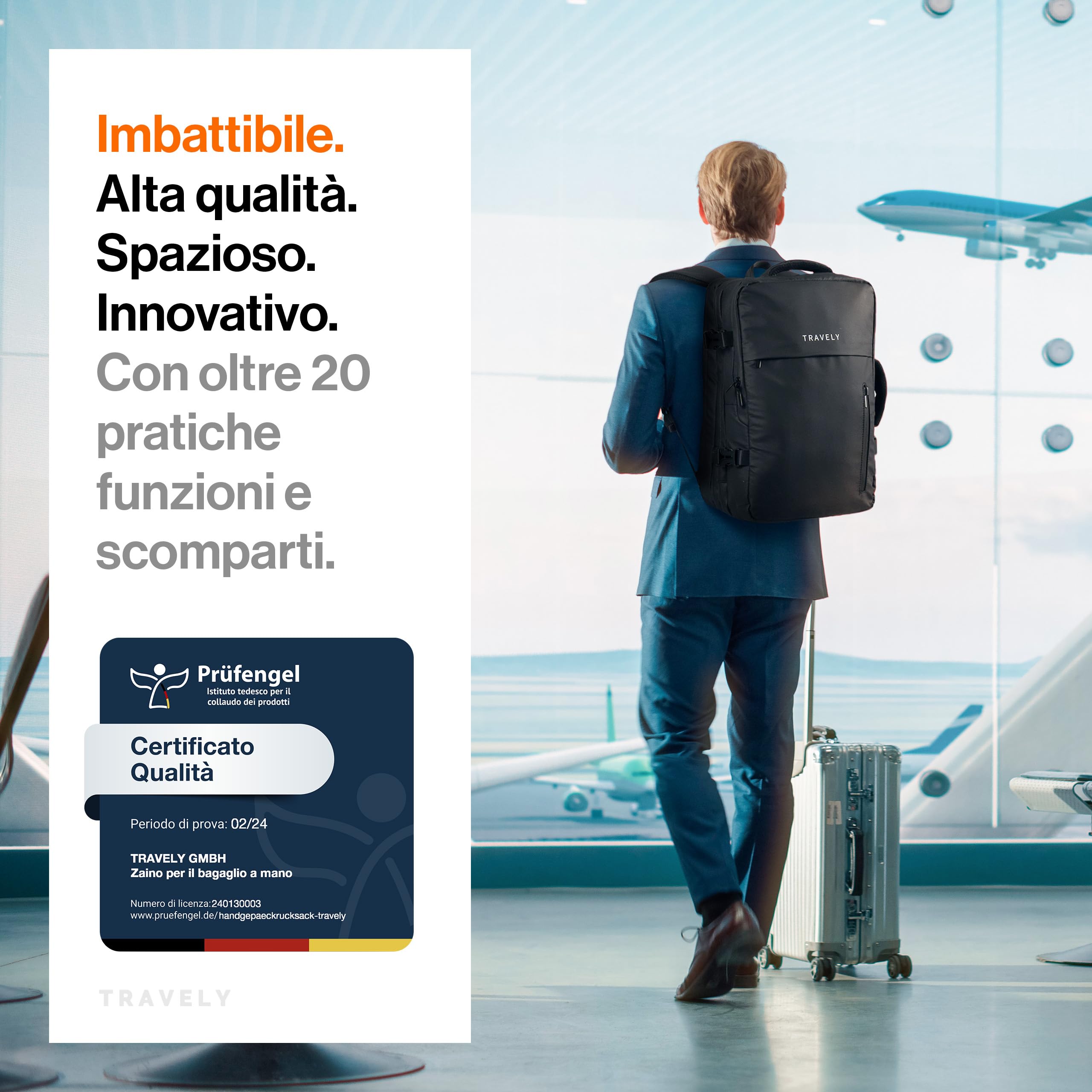 Travely Zaino Viaggio 20-40L Espandibile e Impermeabile 45x30x12-26cm - Valigia, Travel Backpack, Antifurto, Capiente, Grande, Nero