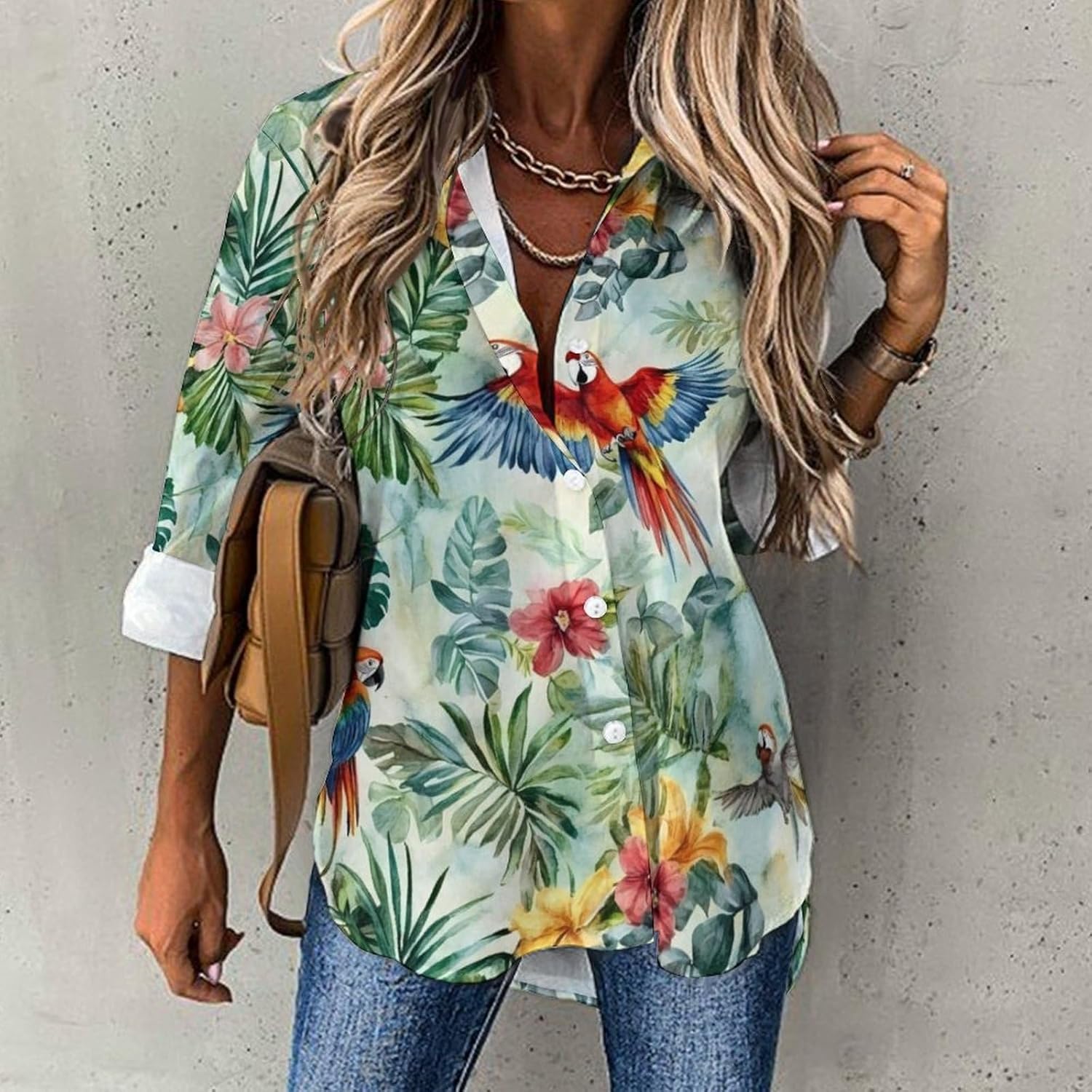 Vintage Jungle Animals Parrots Birds Casual Womens Long Sleeve Blouses Hawaiian Loose Button Down Shirts Tops Tees