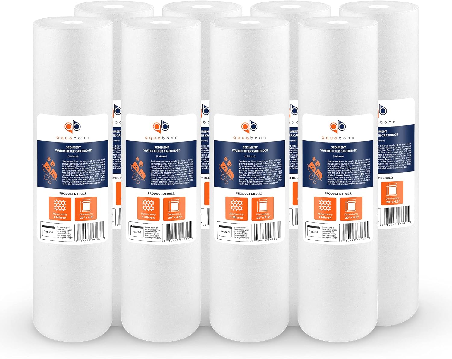 Aquaboon 1 Micron 20″ Sediment Water Filter Replacement Cartridge | Whole House Sediment Filtration | Compatible with AP810-2, SDC-45-2005, FPMB5-20, P5-20, FP25B, 155358-43, 8 Pack