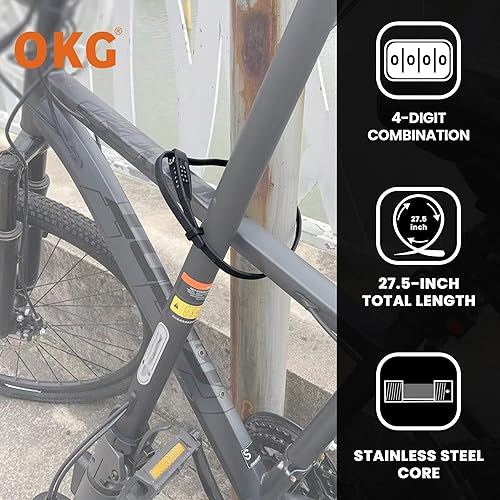 Miniatura 3 de OKG Cerradura de amarre con combinación de 4 dígitos, 2.3 pies, de acero inoxidable extendido, ajustable, con protección antiarañazos, seguro para
