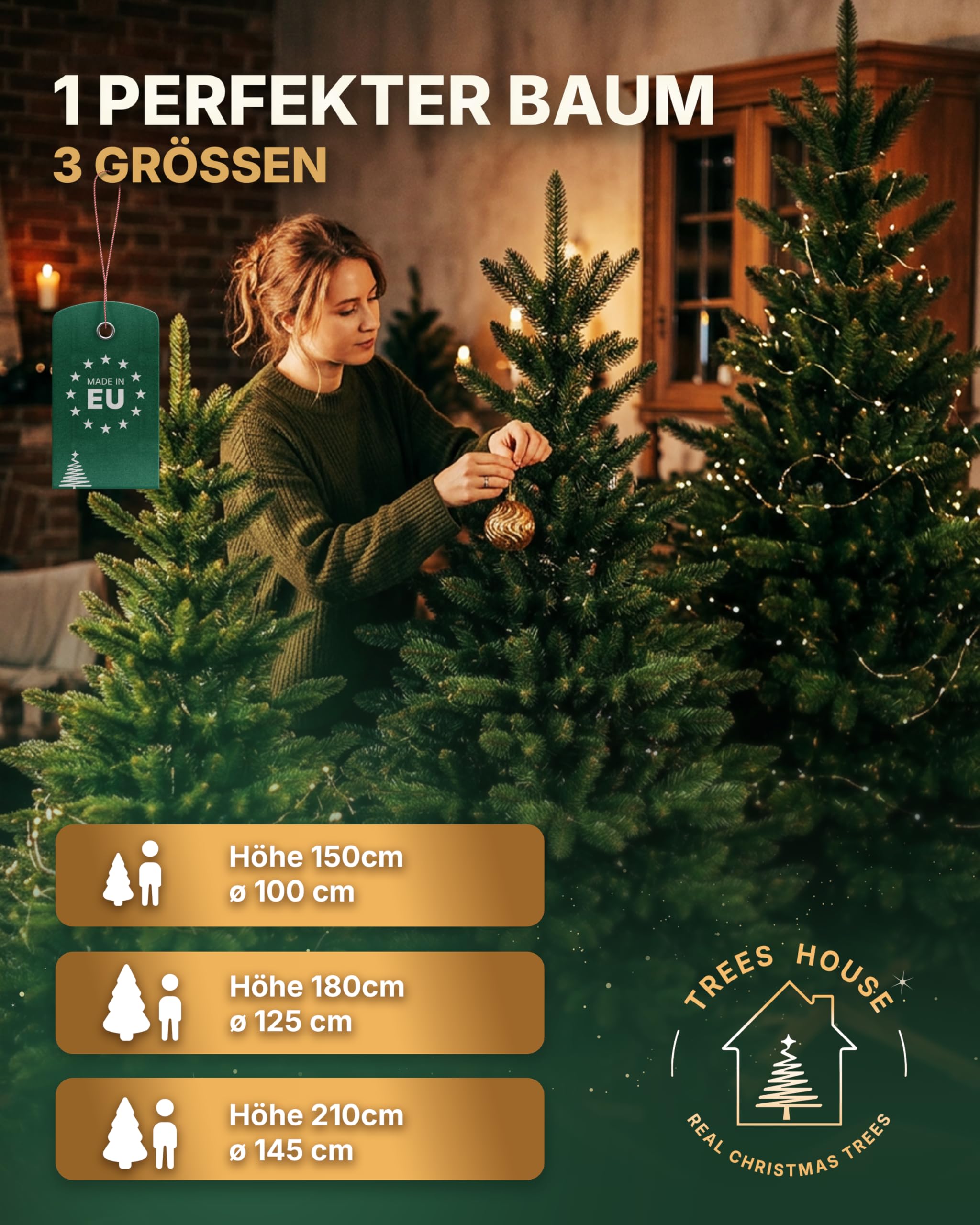 Künstlicher Weihnachtsbaum 180cm Nordmanntanne I Tannenbaum Künstlich inkl. Holzständer I Hochwertige Äste aus PVC I Dichte Nadeln I Hergestellt in der EU