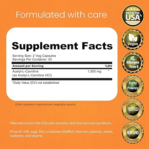 Miniatura 2 de Acetil L-carnitina (ALCAR) 1500 mg por porción – 100 cápsulas – Sin OMG, sin gluten, vegano