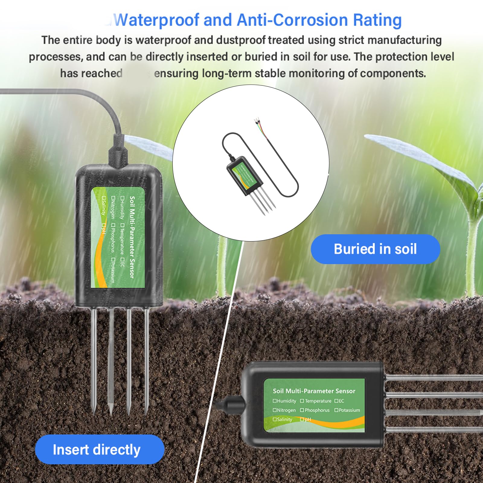 Détecteur d'eau de sol/température 8 fonctions avec sondes et interfaces informatiques pour horticulture/environnement Humidimètre pour plante