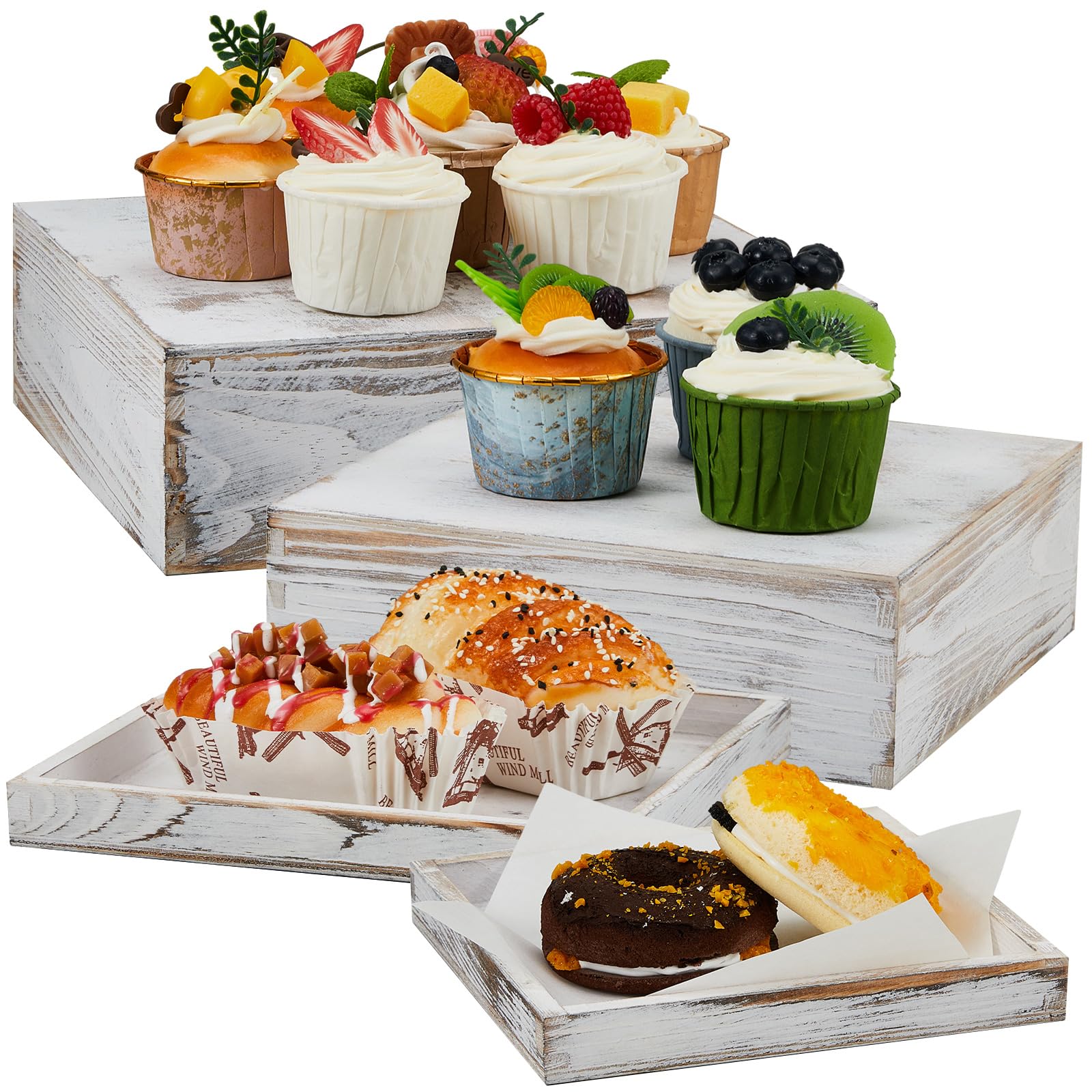 Juexica Set of 4 Wood Display Risers Rustic Cupcake Stand and Tray Wooden Stackable Display Box Wood Cake Stand for Dessert Wedding Birthday Housewarming Party(Wood Color)
