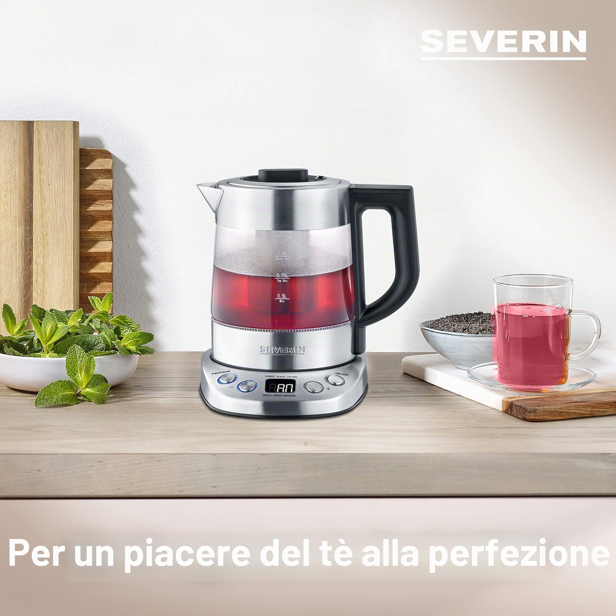 SEVERIN Bollitore per Acqua e tè, 5 Programmi di Infusione Preimpostati, Temperatura e Tempo Regolabili, Acciaio Inossidabile, 1,0 litri - 2200, WK 3473