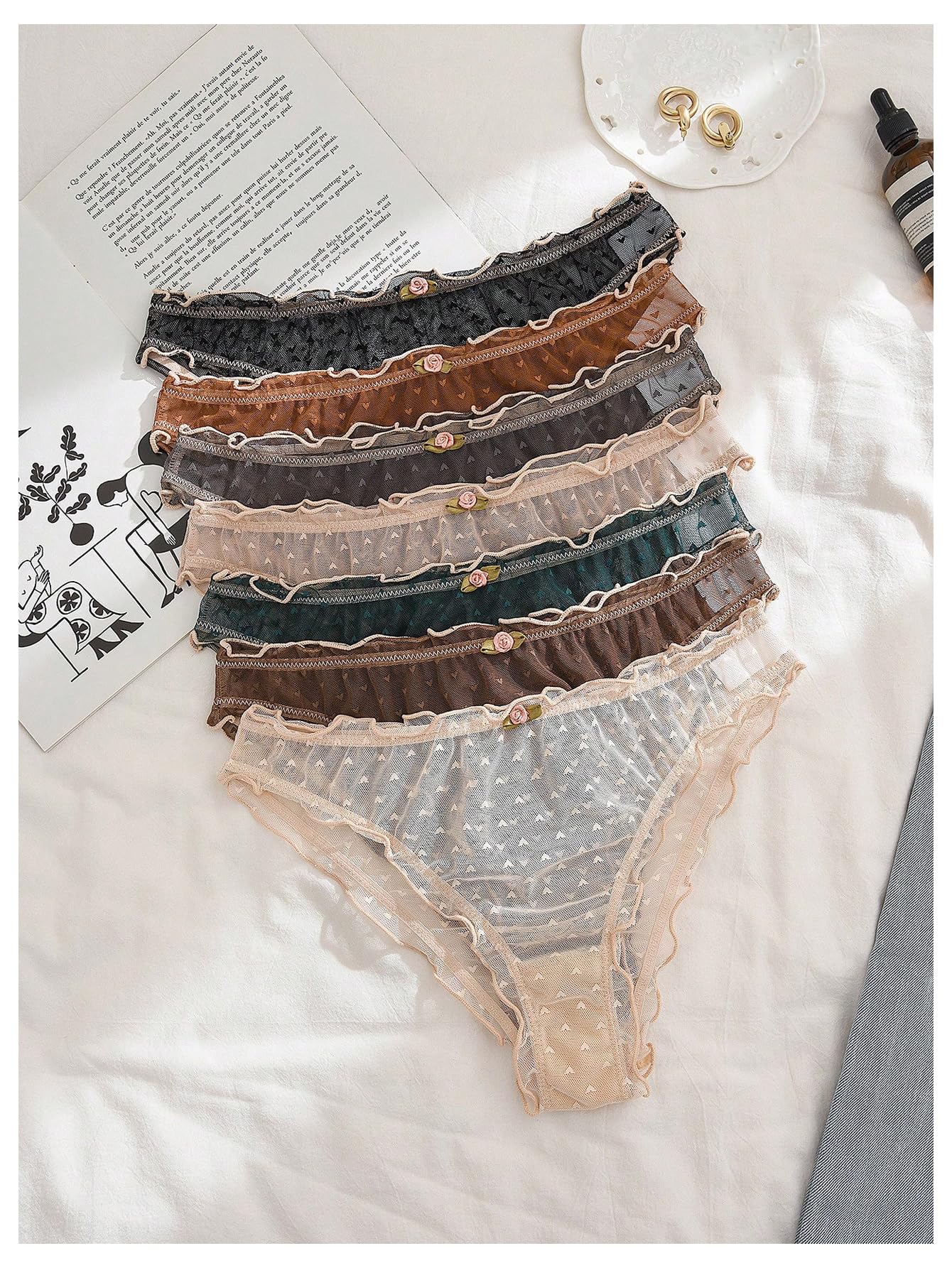GORGLITTER Women's 7 Pack Sheer Panties Mesh Underwear Frill Trim Low Rise Briefs: Large Multicolor Brown